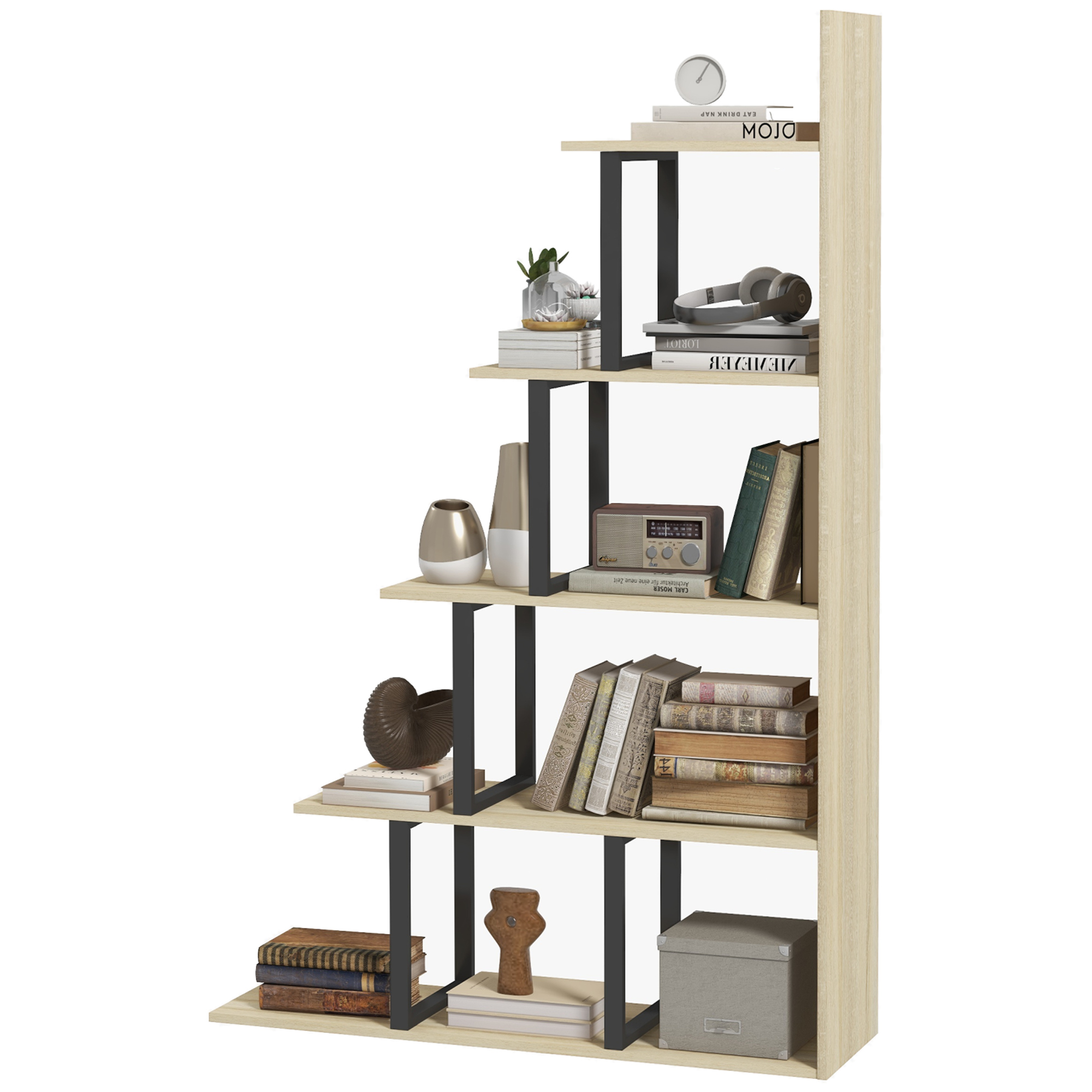 HOMCOM Bücherregal Raumteiler Industriestil in Treppenform 5 Regale 102 x 30 x 160 cm Eiche Aosom