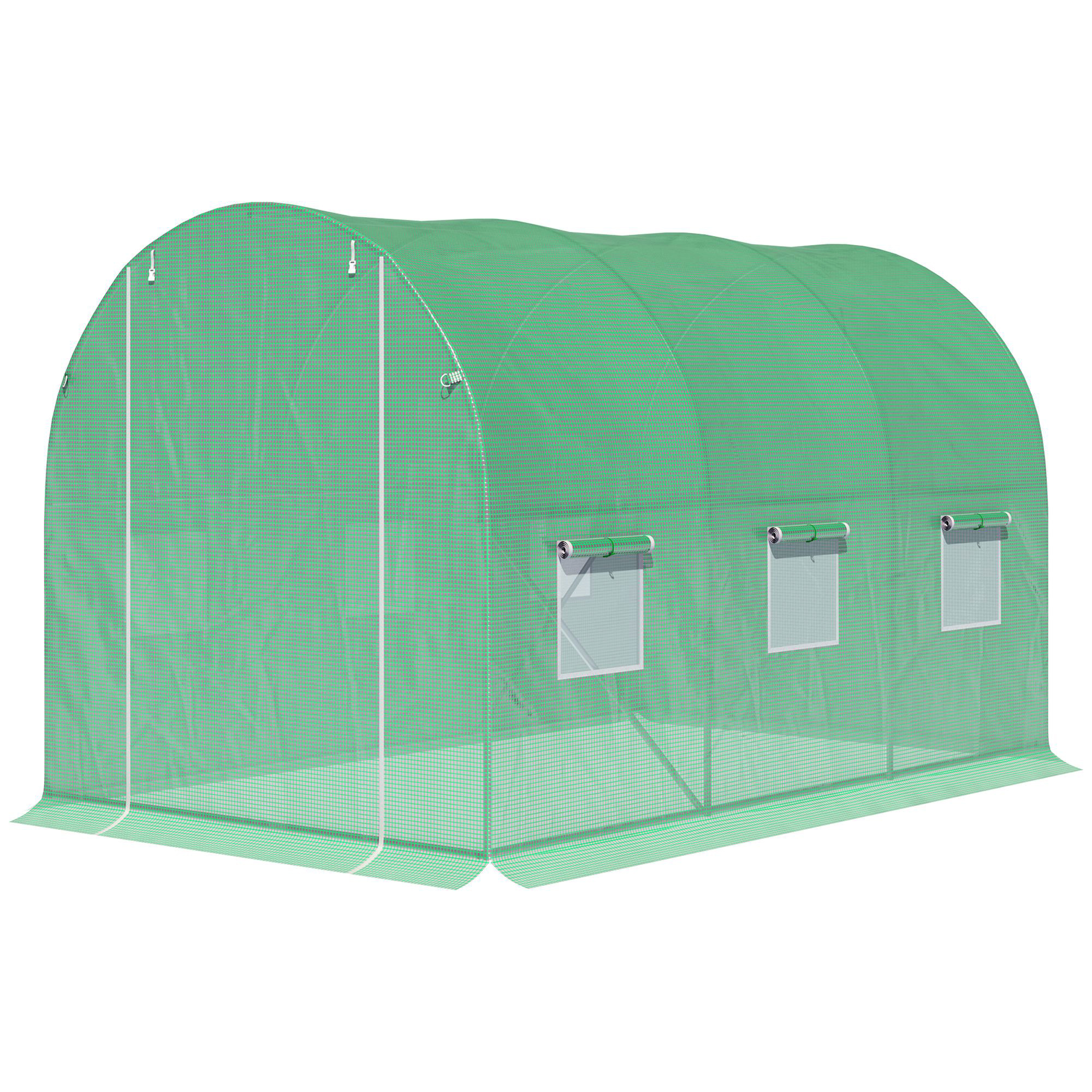 Outsunny Gewächshaus Tunnel Gartenfläche 6 m² 3L x 2B x 2H m Verstärkter Rohrrahmen Reißverschlusstür 6 aufrollbare Fenster Grün   Aosom
