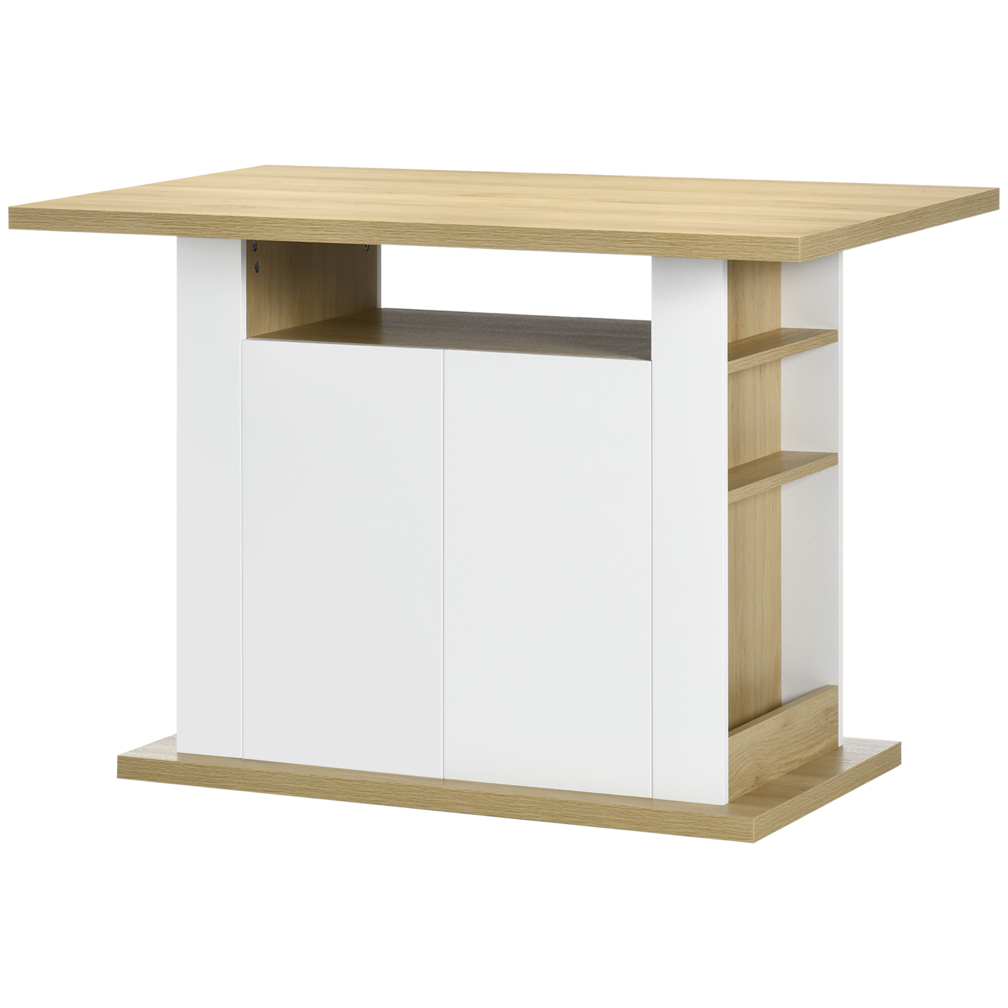 HOMCOM Esstisch Kücheninsel Küchenmöbel mit großem Arbeitsbereich für 4-6 Personen - Schrank mit 4 Türen und Regalen - aus Holz - Abmessungen 110L x 70B x 75,5H cm Weiß und Natur Aosom
