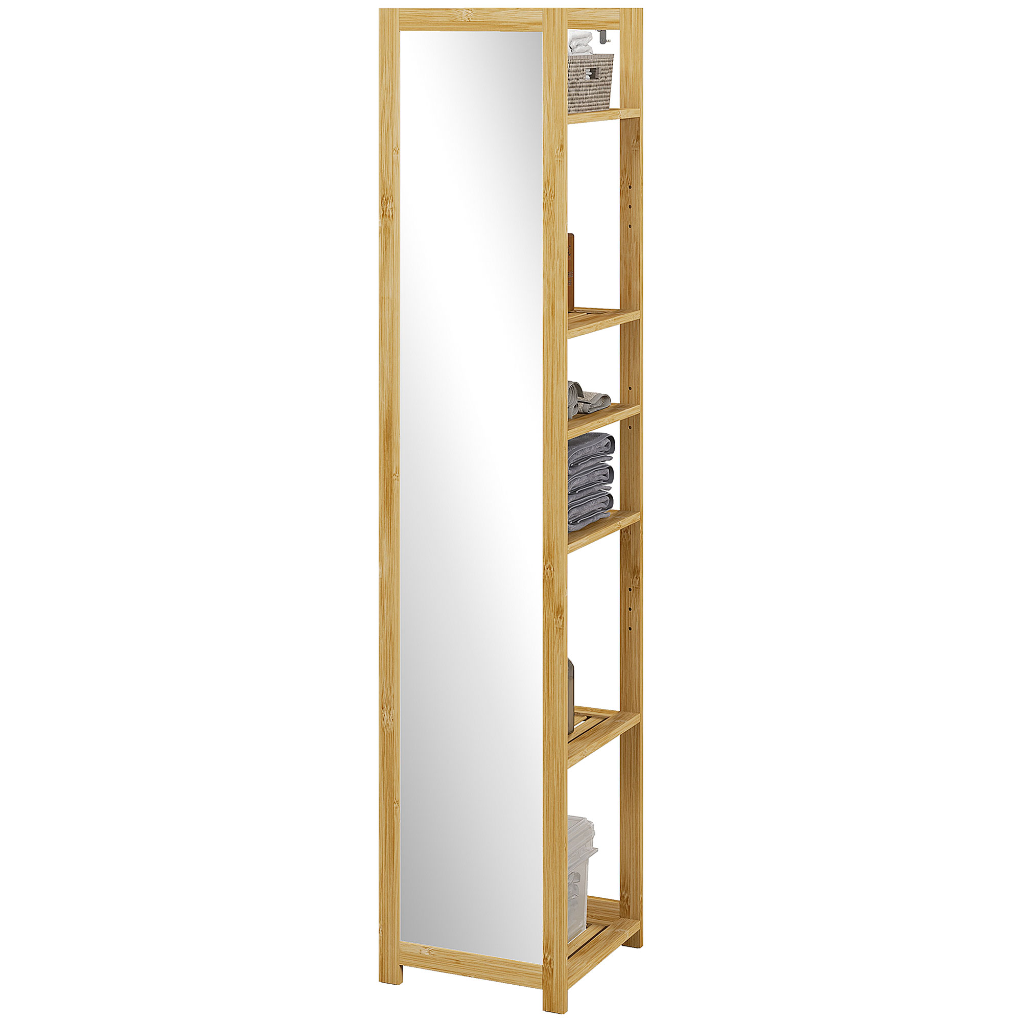 HOMCOM Badezimmer Hochschrank mit Spiegelregal mit 6 Regalen aus Naturbambus, 35B x 35T x 168H cm   Aosom