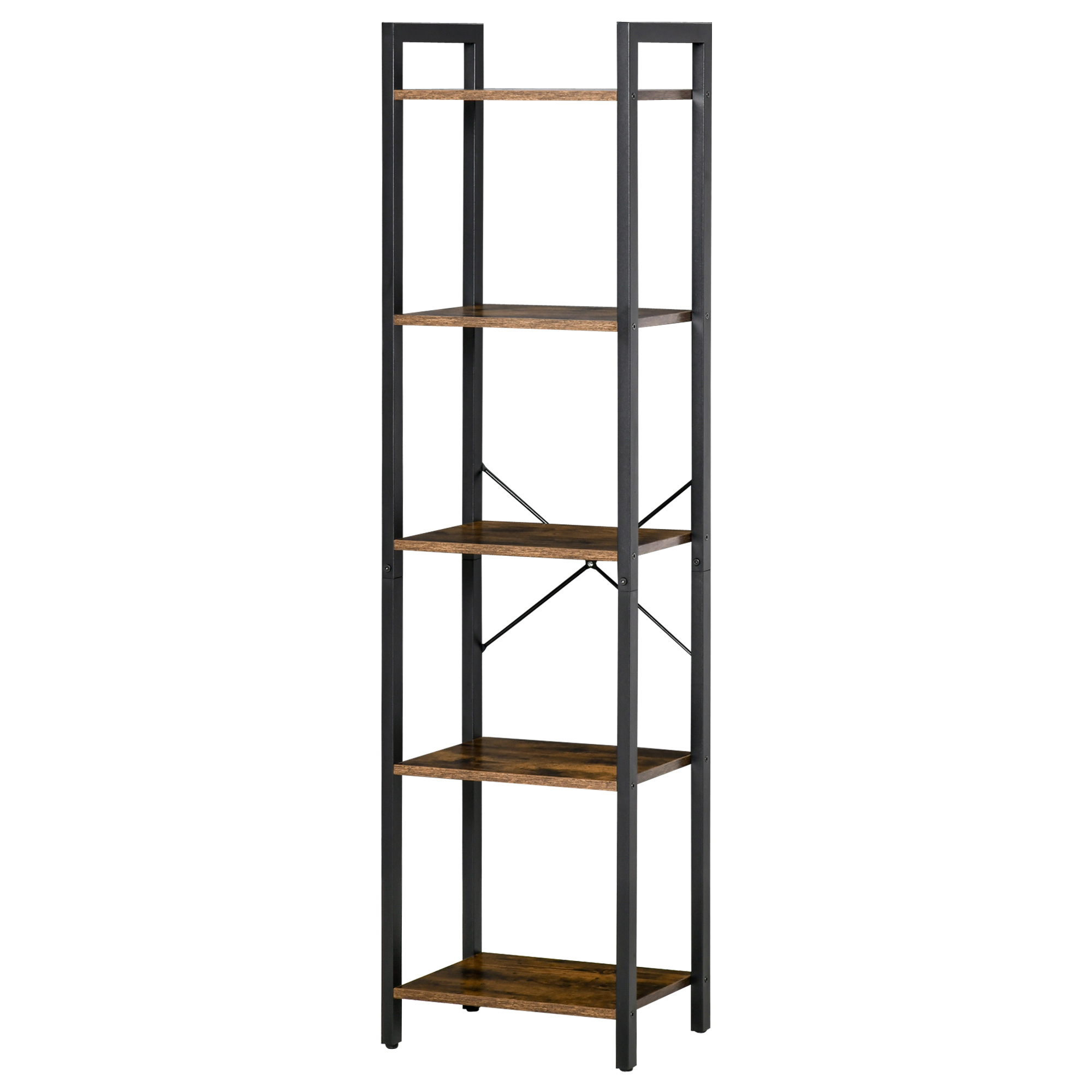 HOMCOM Bücherregal im Industrie-Stil H154 cm 5 Regale Schwarzer Stahl Spanplatten Gealterte Holzoptik Aosom