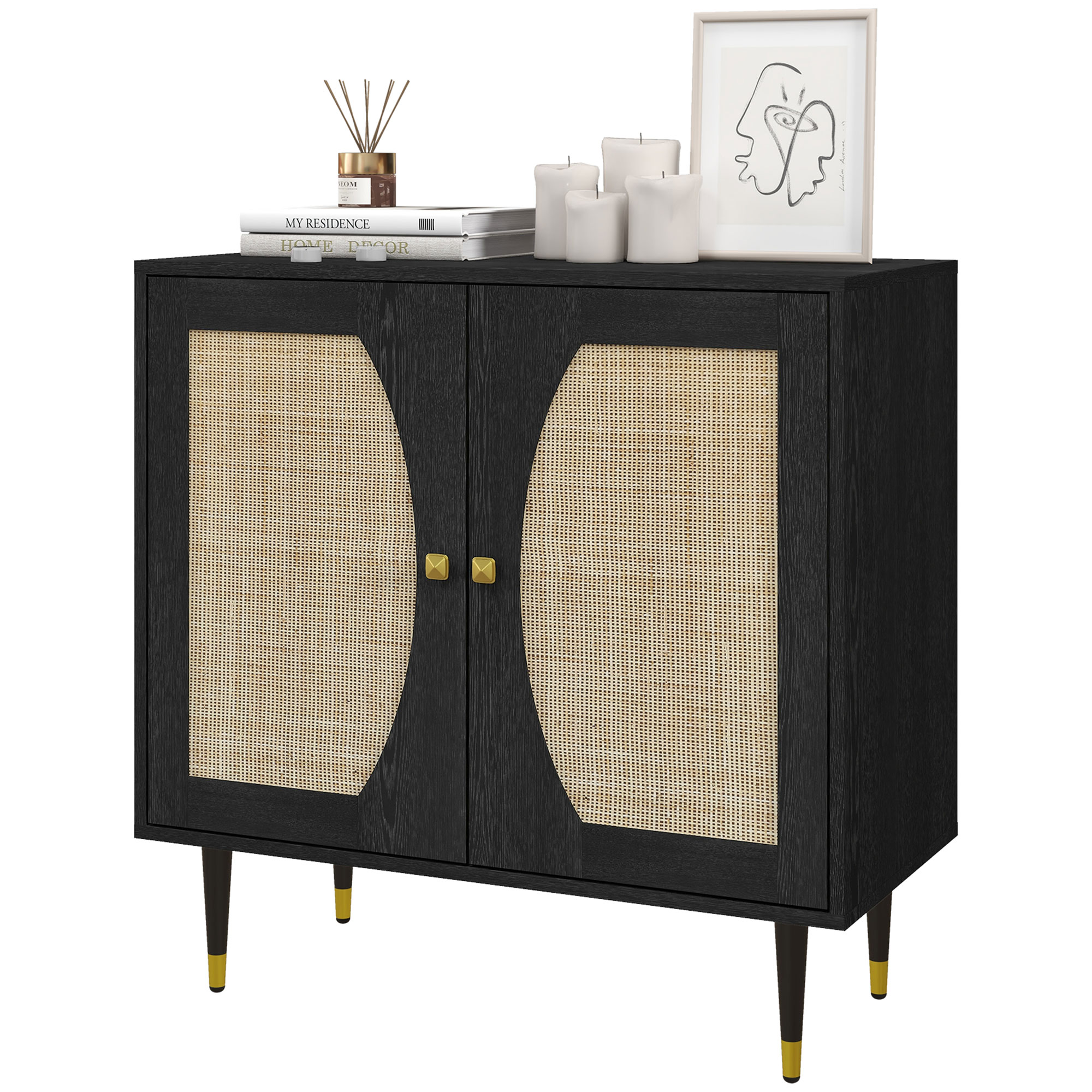 HOMCOM Buffet Küchenmöbel Aufbewahrung Boho Design Doppeltüren mit 2 Ebenen, Rattanfront 80 x 38 x 79 cm Schwarz Aosom