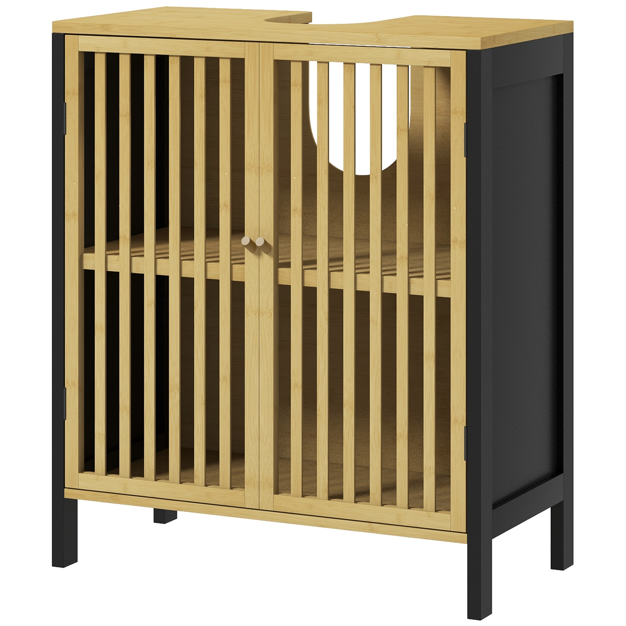 HOMCOM Waschbeckenunterschrank Badezimmermöbel 2 Türen mit höhenverstellbarem Regal Aufbewahrungsschrank für Waschbecken 60 x 30 x 70 cm aus schwarzem Bambus und Naturholz   Aosom