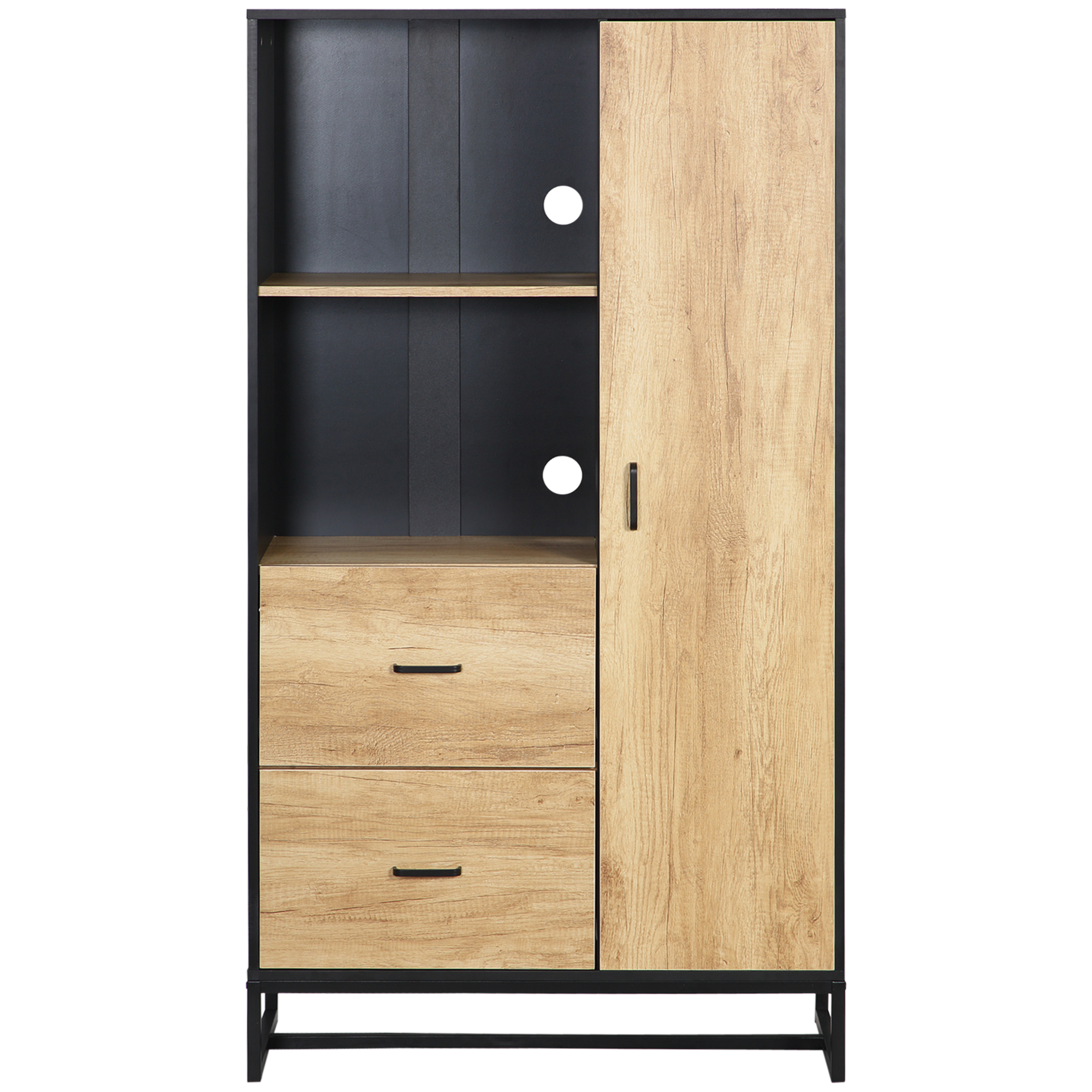 HOMCOM Buffet Küchenschrank mit 2 Schubladen, Schrank, 2 Fächern und Kabeldurchführungen 88B x 35T x 160H cm - Schwarz und Naturholzoptik   Aosom