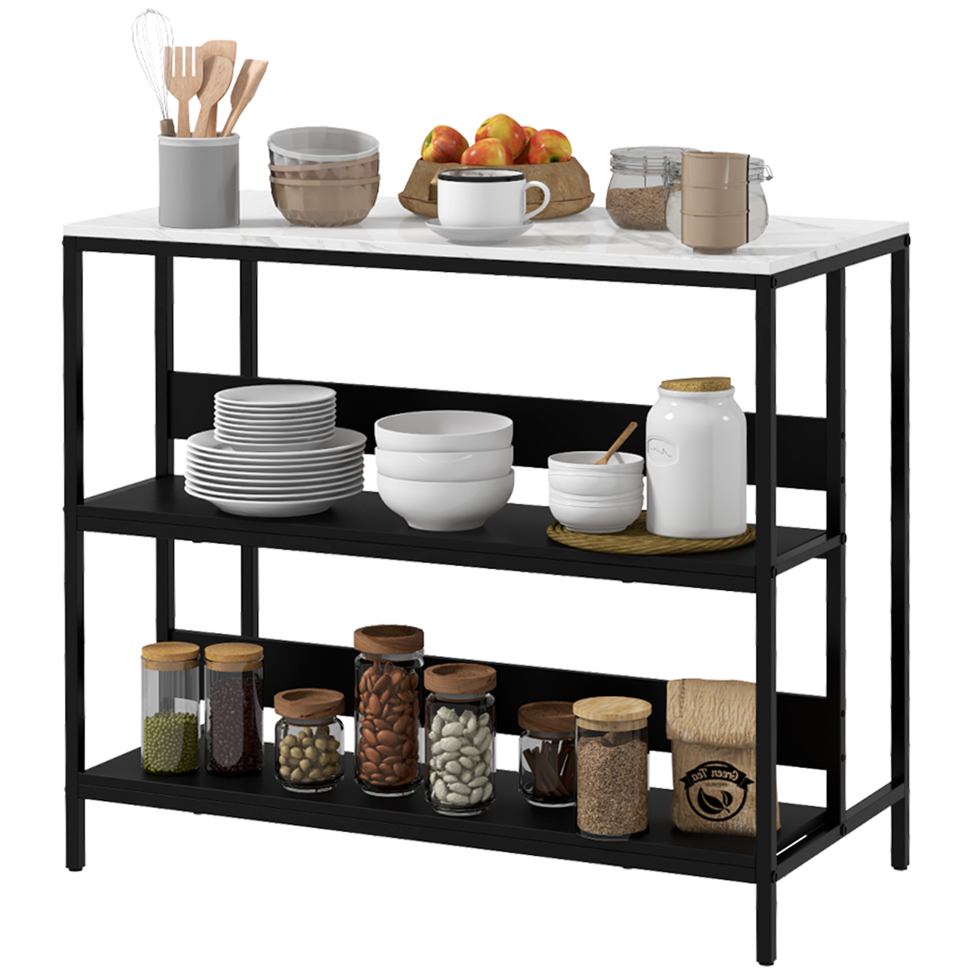 HOMCOM Kücheninsel-Regal, Küchenmöbel, marmorierte Oberfläche, Stahlstruktur, 2 Regale, Aufbewahrungsmöbel für Wohnzimmer, moderner Stil, 100 x 50 x 90 cm, schwarz   Aosom