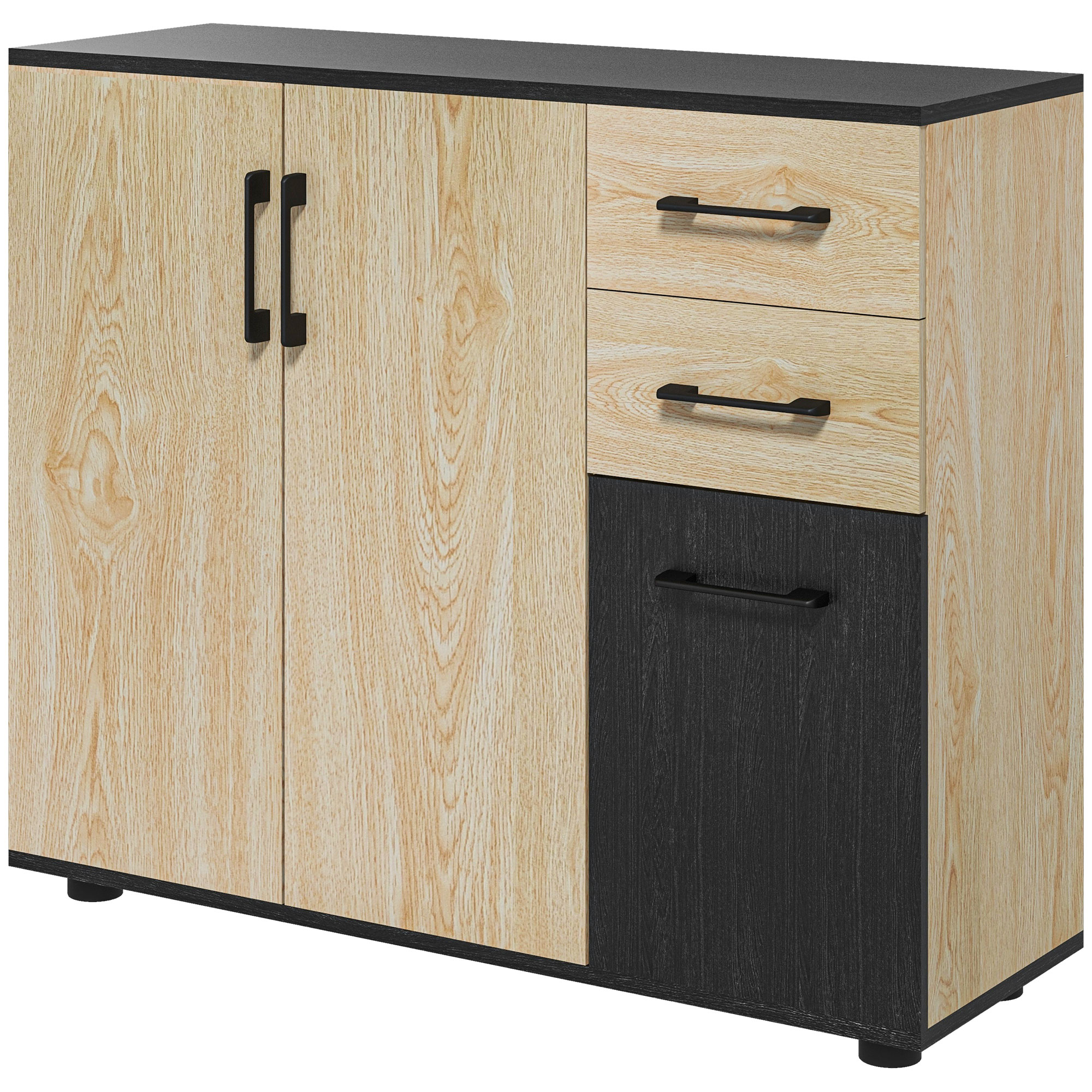 HOMCOM Aufbewahrungsschrank, Sideboard, Küchenschrank, 2 Schränke, verstellbares Regal, 2 Schubladen, zeitgenössischer Stil, für Wohnzimmer, Küche, Esszimmer, 90 x 30 x 75,5 cm, Natur Schwarz   Aosom