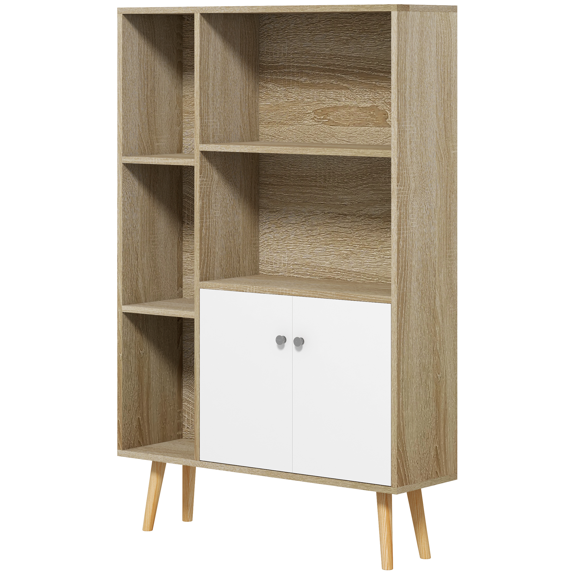 HOMCOM Skandinavisches Bücherregal Aufbewahrungsmöbel dim. 80L x 23,5B x 123H cm 5 Nischen Schrank 2 Türen geneigte, massive Pinienholzfüße Eiche Aosom