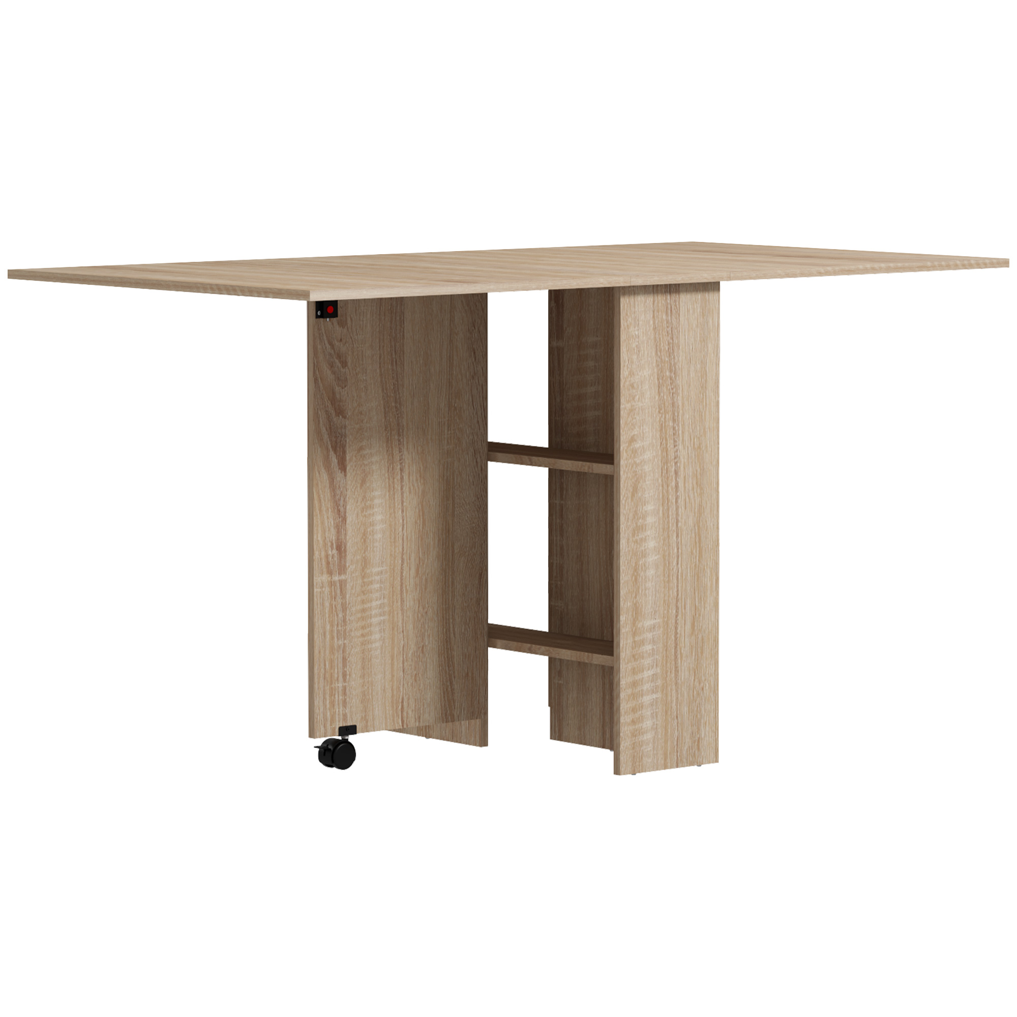 HOMCOM Klapptisch mit Rollen, 2 klappbare Tablettablagen und 2 integrierten Regalen - 140 x 80 x 74 cm Natur   Aosom