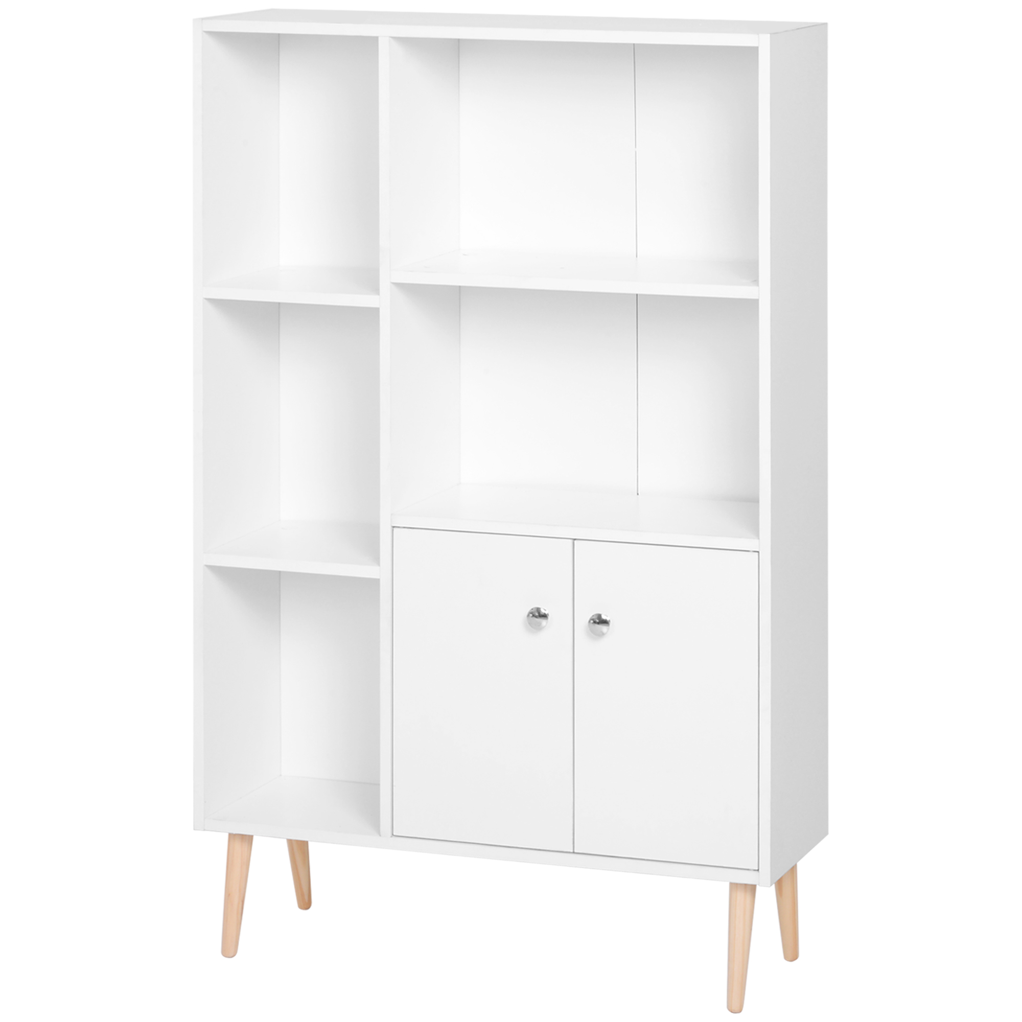 HOMCOM Skandinavisches Bücherregal mit Abmessungen 80L x 23,5B x 123H cm, 5 Nischen, Schrank, 2 Türen, schräge massive Holzfüße, Spanplatten in Weiß Aosom