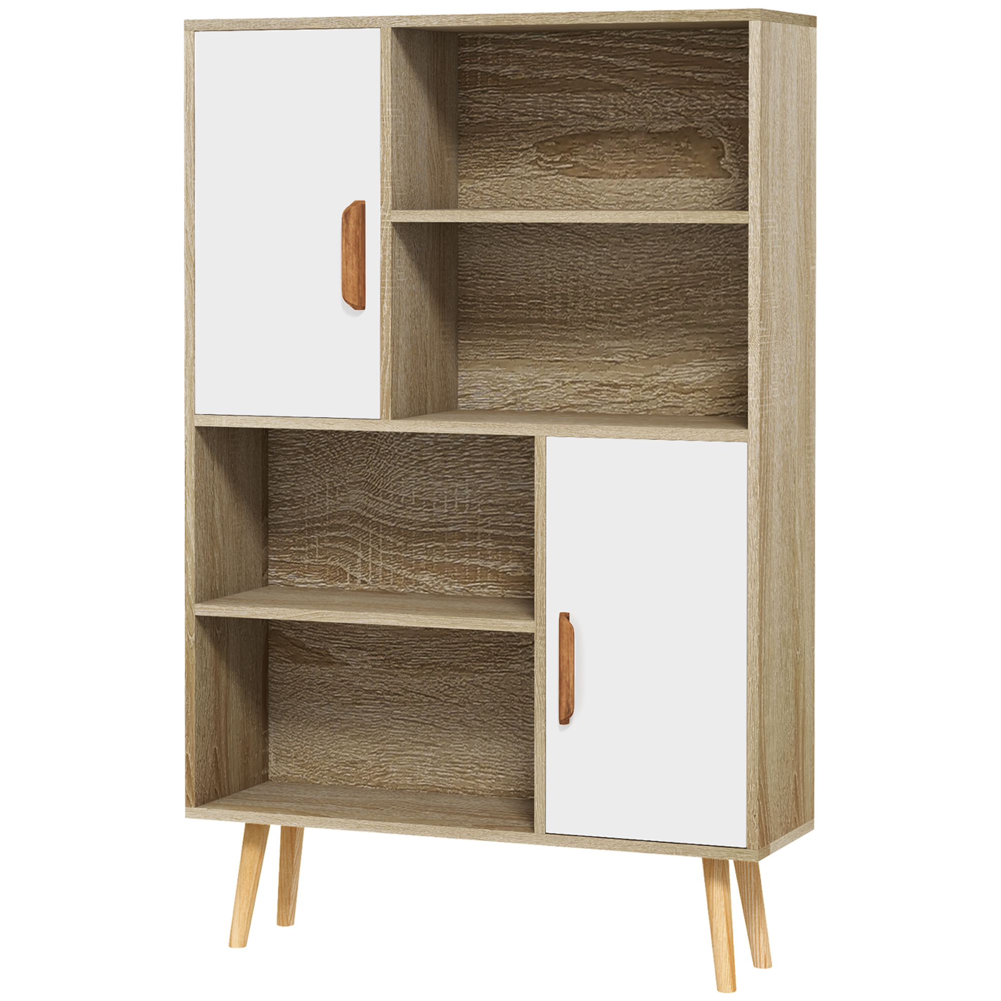 HOMCOM Skandinavisches Bücherregal 4 Nischen + 2 Schranktüren mit verstellbarem Regalboden 80L x 24B x 123H cm Schlanke, geneigte Füße aus massivem Kiefernholz Eiche Aosom