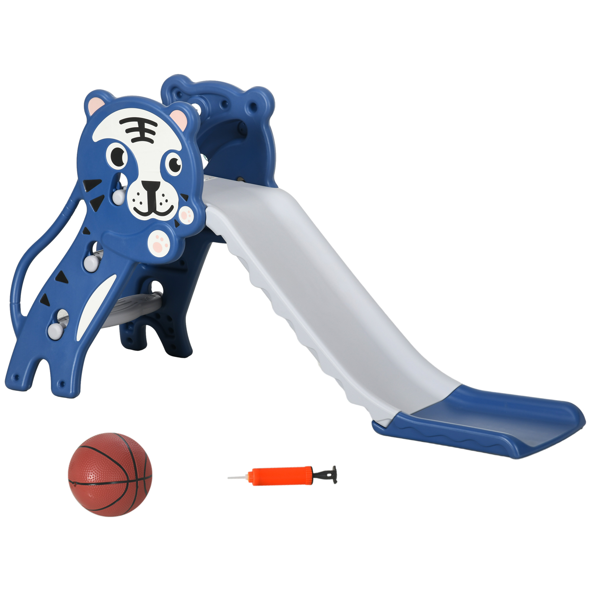 AIYAPLAY Kinder Rutsche, Innen Kinder Rutsche, mit Basketballkorb, Tiger Motiv, von 18 bis 36 Monaten, bis zu 25 kg, 133L x 60B x 70H cm, Blau   Aosom