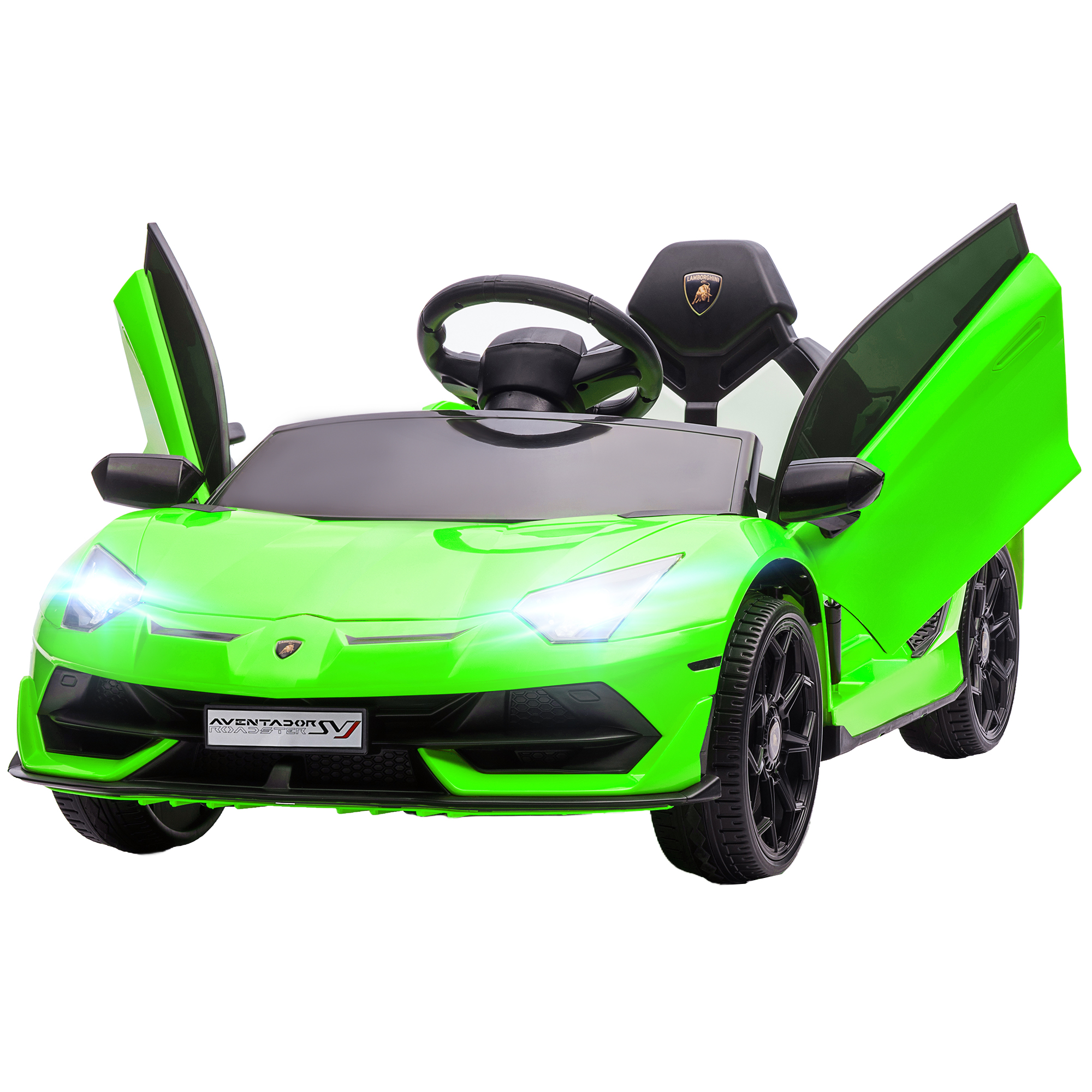 HOMCOM Elektroauto für Kinder, offizielle Lizenz Lamborghini Aventador SVJ, 12V mit Flügeltüren, LED-Fernbedienung, Musik, USB, Geschwindigkeit 3-5 Km/H, grün   Aosom