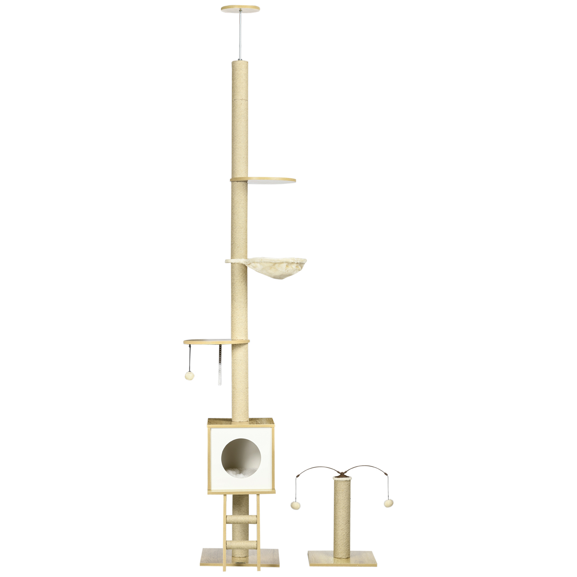 PawHut Set aus 2 Boden-Decke-Kratzbäumen mit höhenverstellbarer 225-285 cm 4 Ebenen - Höhle, Hängematte, Leiter, Spielzeug - Beige Aosom