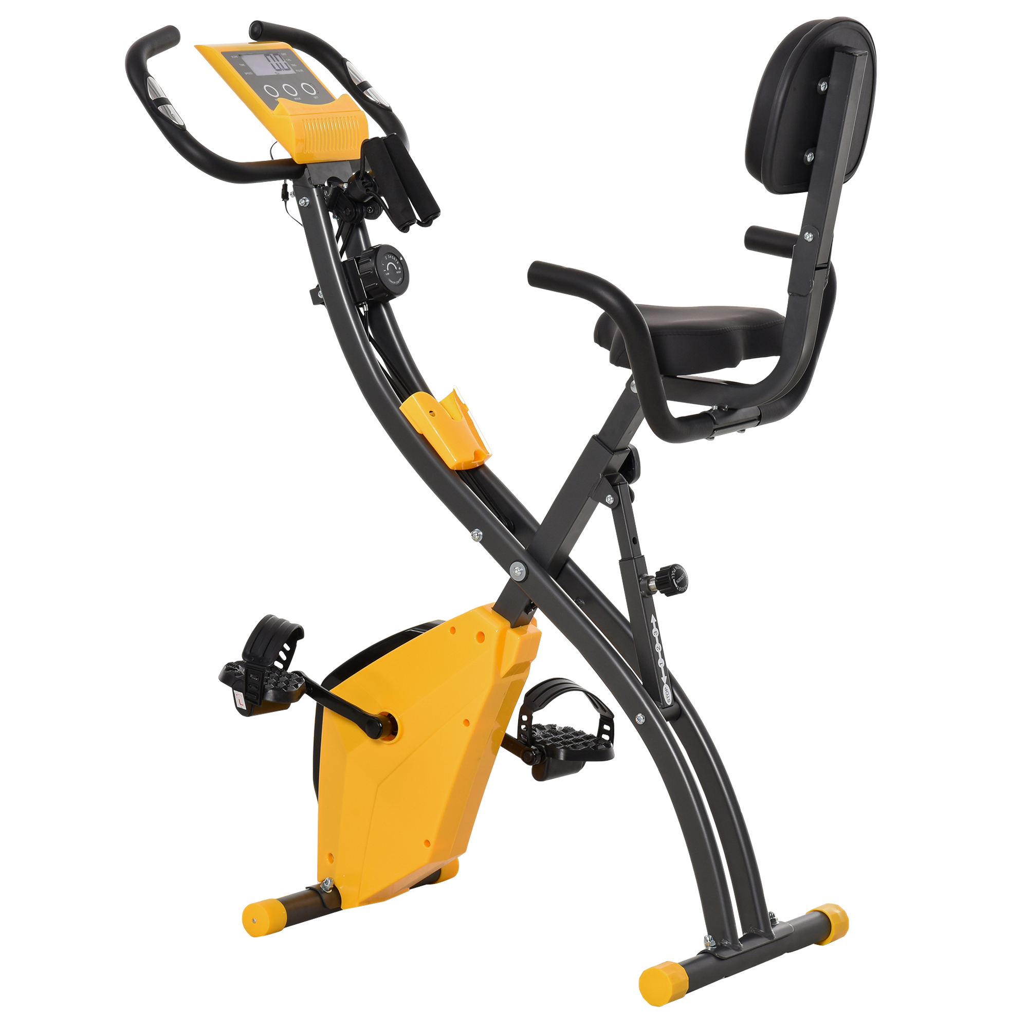 HOMCOM Faltbares Heimfahrrad, Heimtrainer für Erwachsene, 8 Stufen magnetischer Widerstand, Handpulssensoren, multifunktionales LCD-Display, verstellbarer Sitz, Stahl, Gelb, Grau Aosom