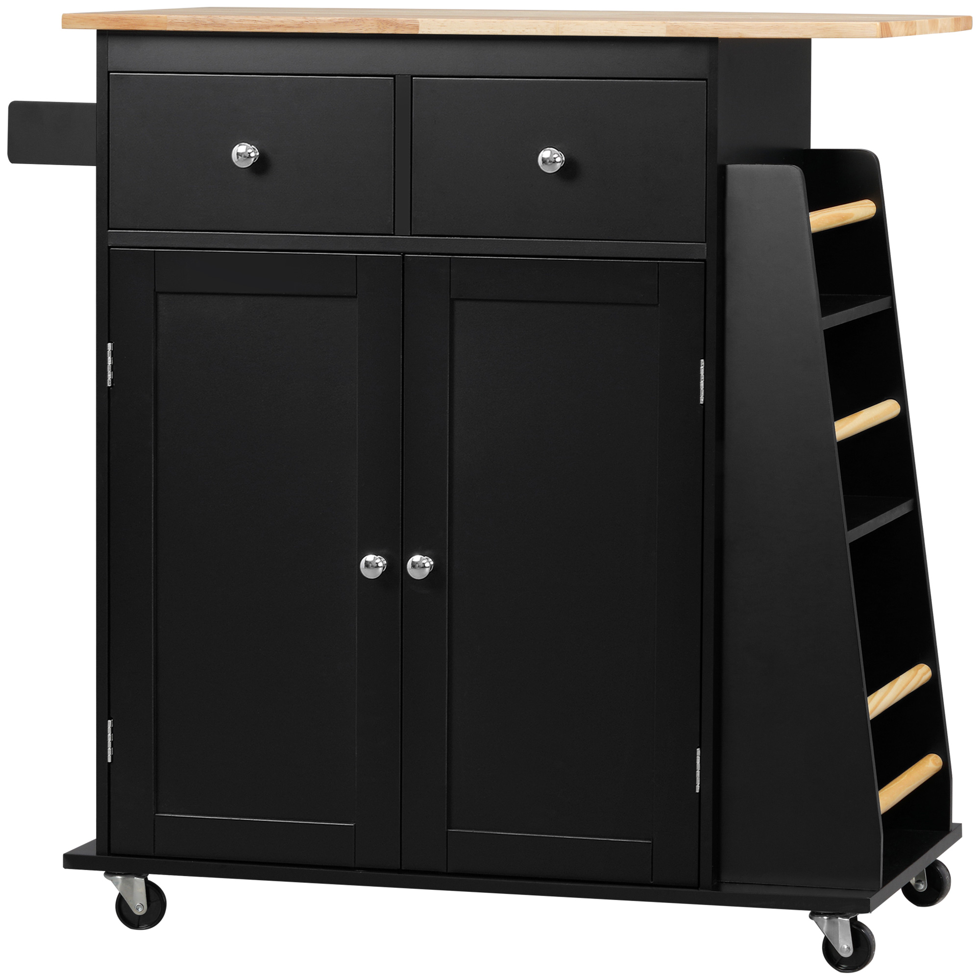 HOMCOM Kücheninsel Küchenmöbel mit Arbeitsplatte Regal Flaschenregal Geschirrtuchhalter 2 Schubladen Doppeltürschrank MDF Schwarz Kautschukholz Aosom