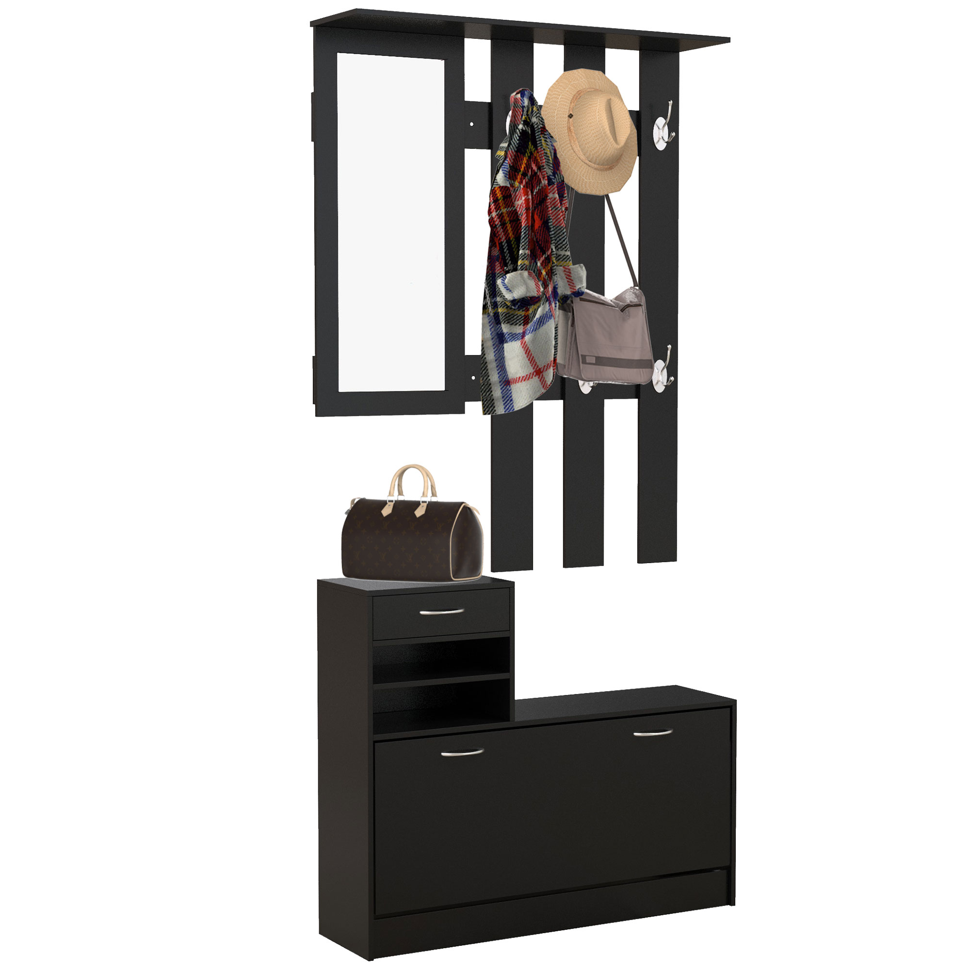 HOMCOM 3-in-1 Eingangsmöbel-Set Garderobe mit Mantelhaken, Spiegel und Schuhschrank - 6 Haken und verstellbares Regal, schwarz   Aosom