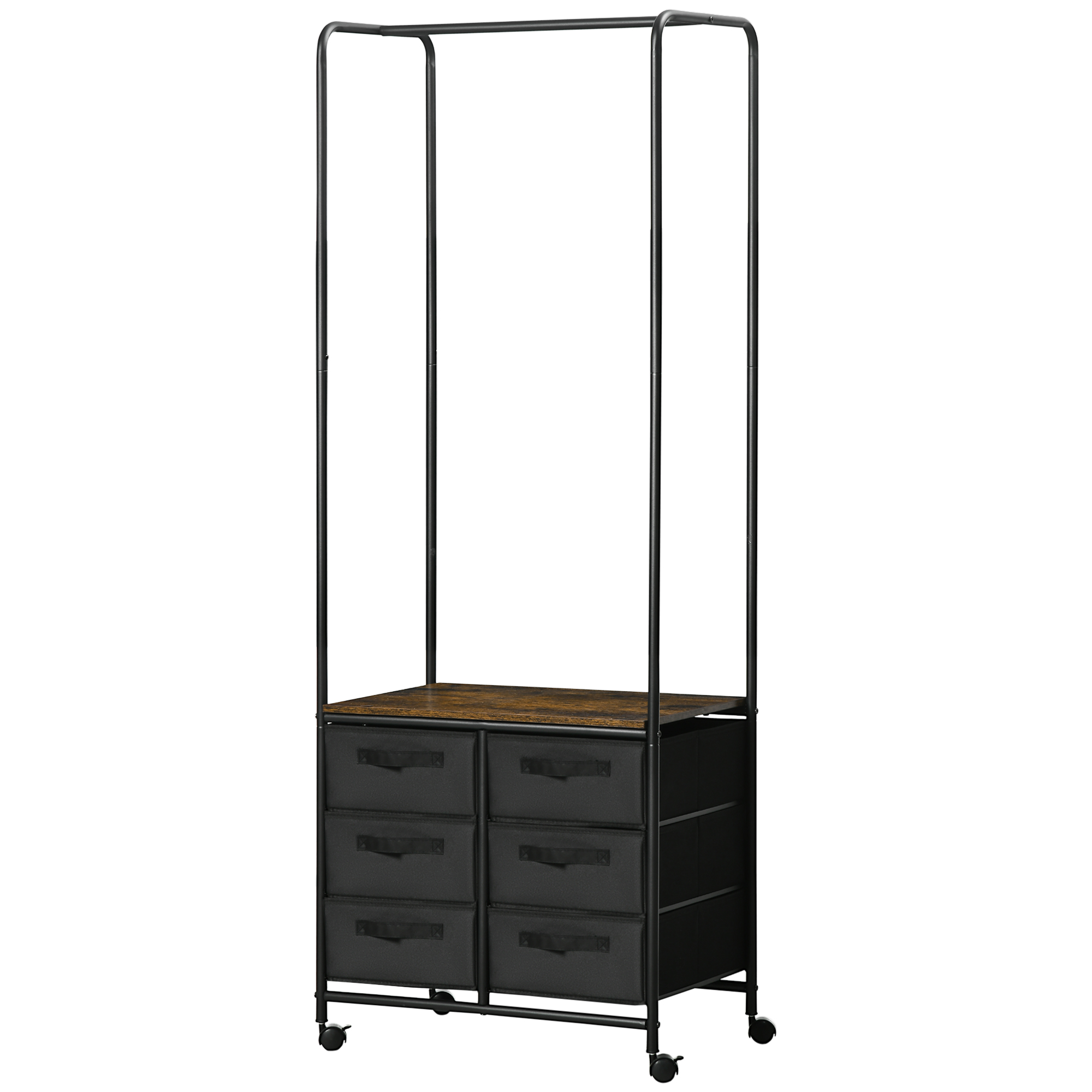 HOMCOM Kleiderständer im industriellen Stil mit 6 Stoffschubladen und 4 Rollen - 63,5 x 40 x 172,5 cm Schwarz Braun   Aosom