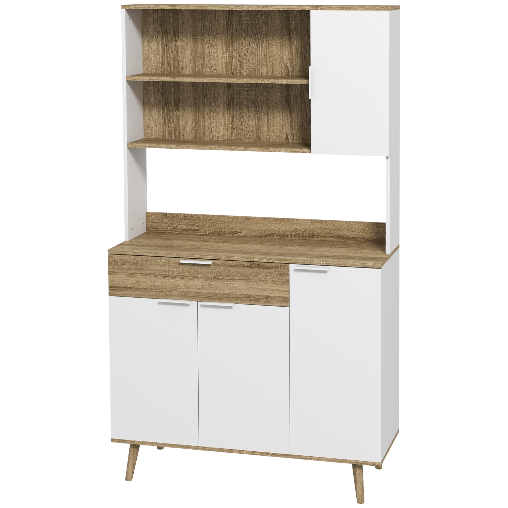 HOMCOM Küchenschrank, Küchenbuffet, 4 Türen mit verstellbaren Regalen, 1 Schublade, skandinavisches Design, 98 x 39 x 180 cm, Weiß und Natur Aosom