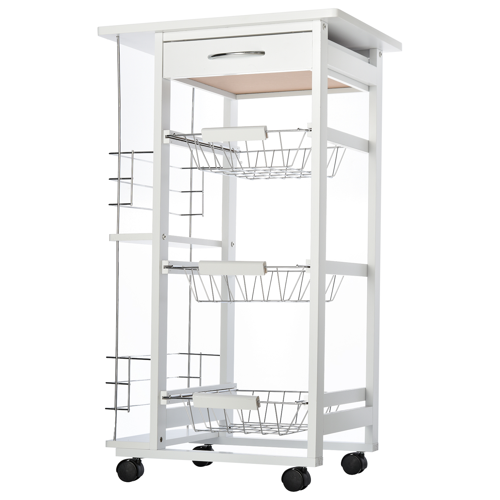 HOMCOM Servierwagen Küchenwagen auf Rollen Multi-Rangements 3 Metallkörbe Schublade + 2 Flaschenhalter Pinienholz Weiß Aosom