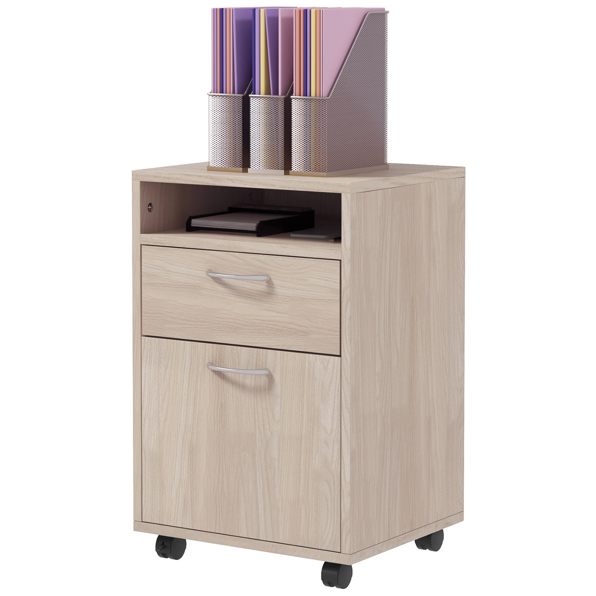 HOMCOM Rollbarer Schubladenschrank für das Büro, mobiles Aufbewahrungsmöbel mit Schublade, Schrank und Fach, für Dokumente und hängende Dateien, 40 x 35 x 60 cm, Eiche   Aosom
