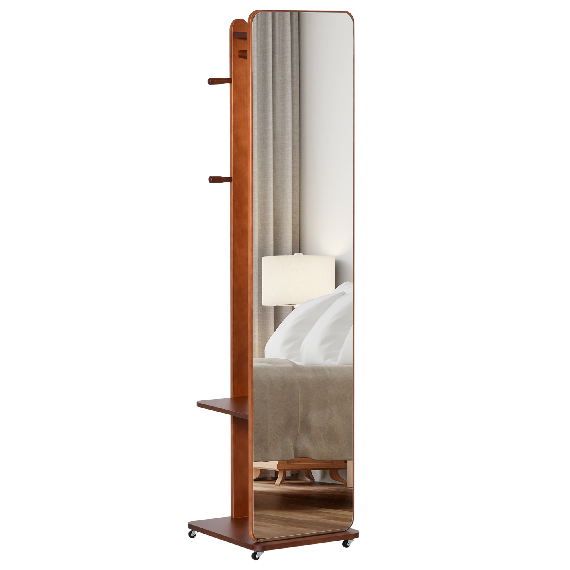 HOMCOM Standspiegel mit Rollen - Kleiderstange, 4 Haken, Regal MDF Nussbaumoptik   Aosom