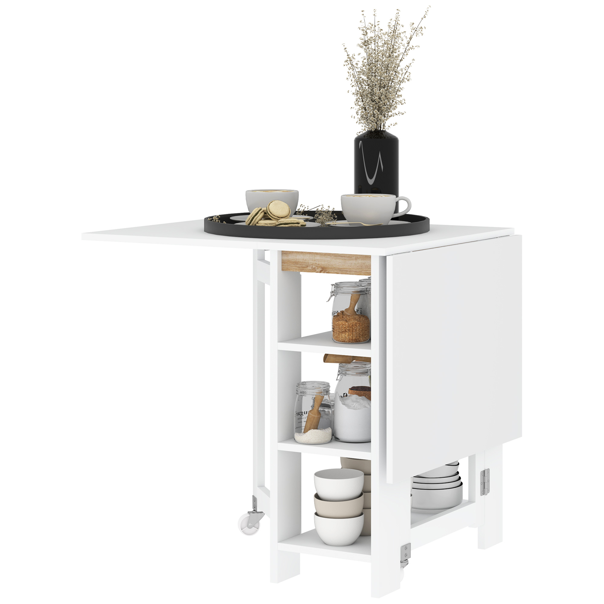 HOMCOM Klappbarer Esstisch, zusammenklappbarer Küchentisch, auf Rollen, mit 2 Klappen und 3 Regalen, modernes Design, Küchentisch für kleine Räume, 120 x 60 x 75 cm, weiß   Aosom