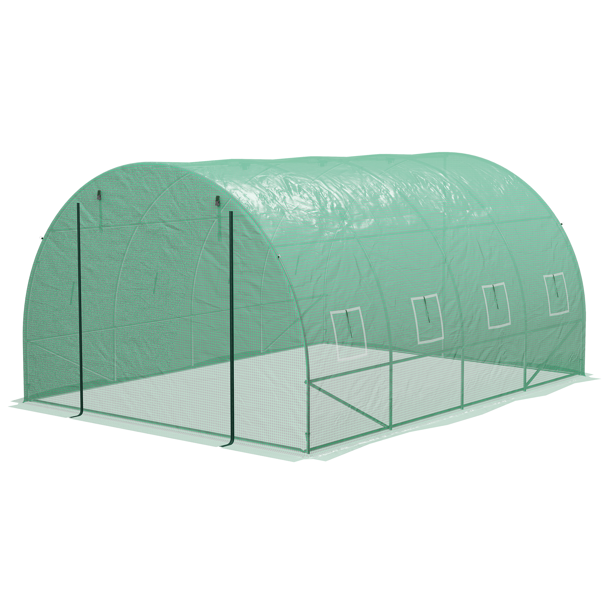 Outsunny Garten Gewächshaus Tunnel 12 m² Tomatenhaus mit integriertem Bewässerungssystem 4L x 3B x 2H m Verstärkter Stahl + Hochdichtes PE 140 g/m² 8 Fenster Rolltür Grün Aosom