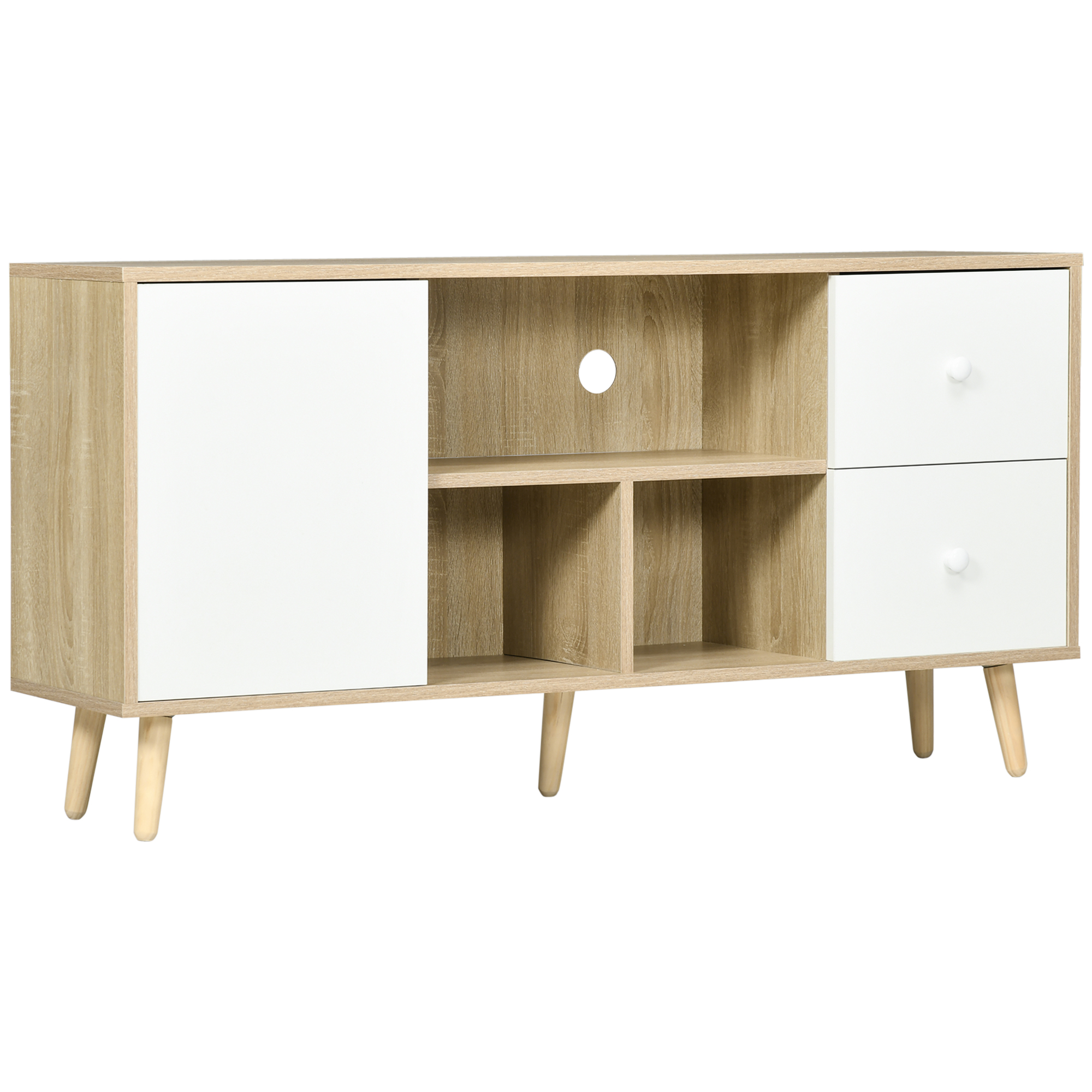 HOMCOM TV-Schrank Fernsehtisch für Fernseher bis zu 45 Zoll Massivholzbeine Skandinavischer Stil 3 Fächer 1 Schrank mit Tür und 2 Schubladen 120 x 30 x 60 cm Aosom