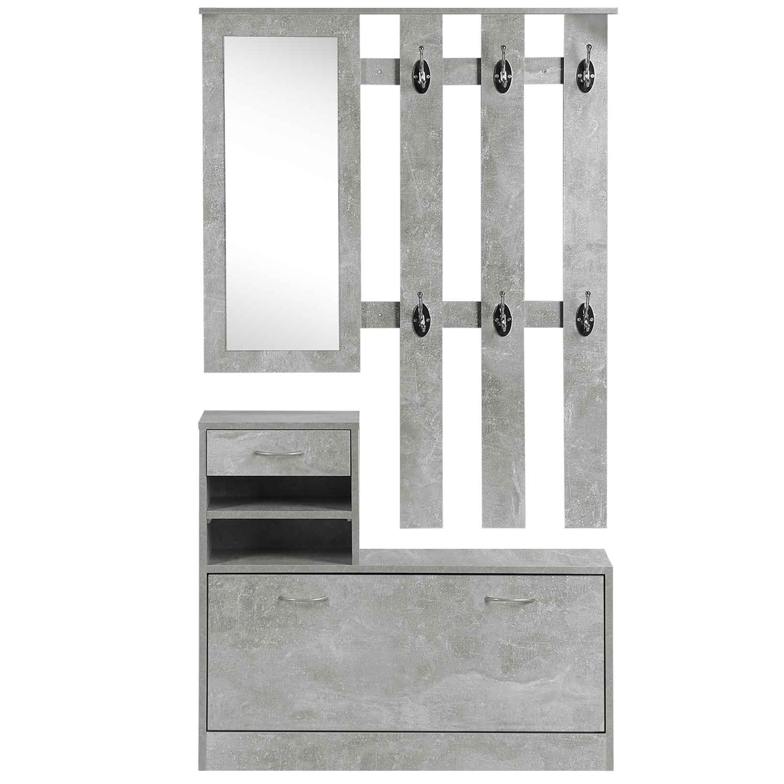 HOMCOM 3-in-1 Eingangsmöbel-Set Garderobe mit Garderobenpaneel, Spiegel und Schuhschrank - 6 Haken und verstellbares Regal, Betoneffekt Grau   Aosom