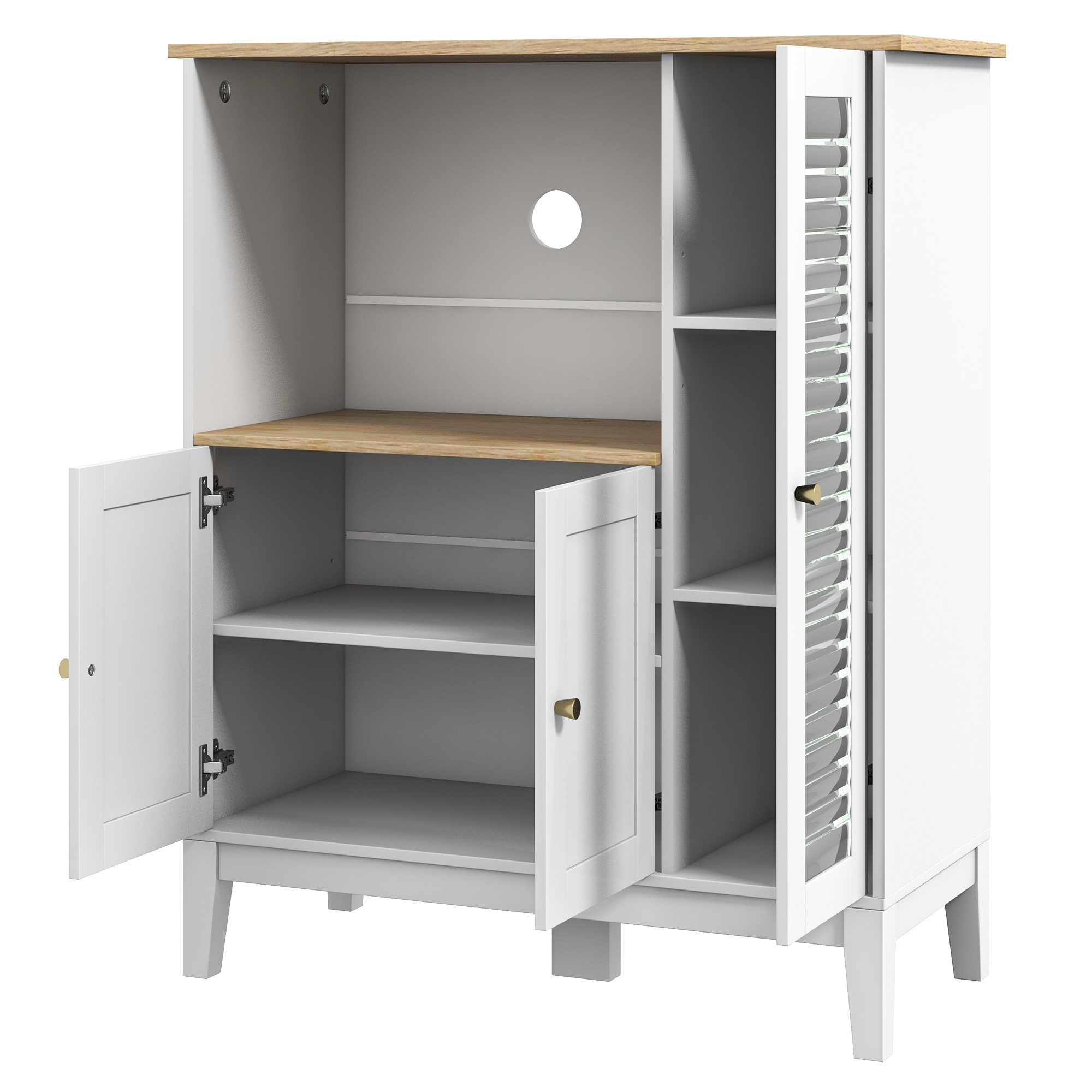 HOMCOM Mikrowellenschrank, Küchenschrank, Buffet, mit 1 Nische 3 Türen, Kabeldurchlass, für Küche, Esszimmer, Wohnzimmer, 80 x 35 x 97 cm, gehärtetes Glas, weiß und holzfarben   Aosom