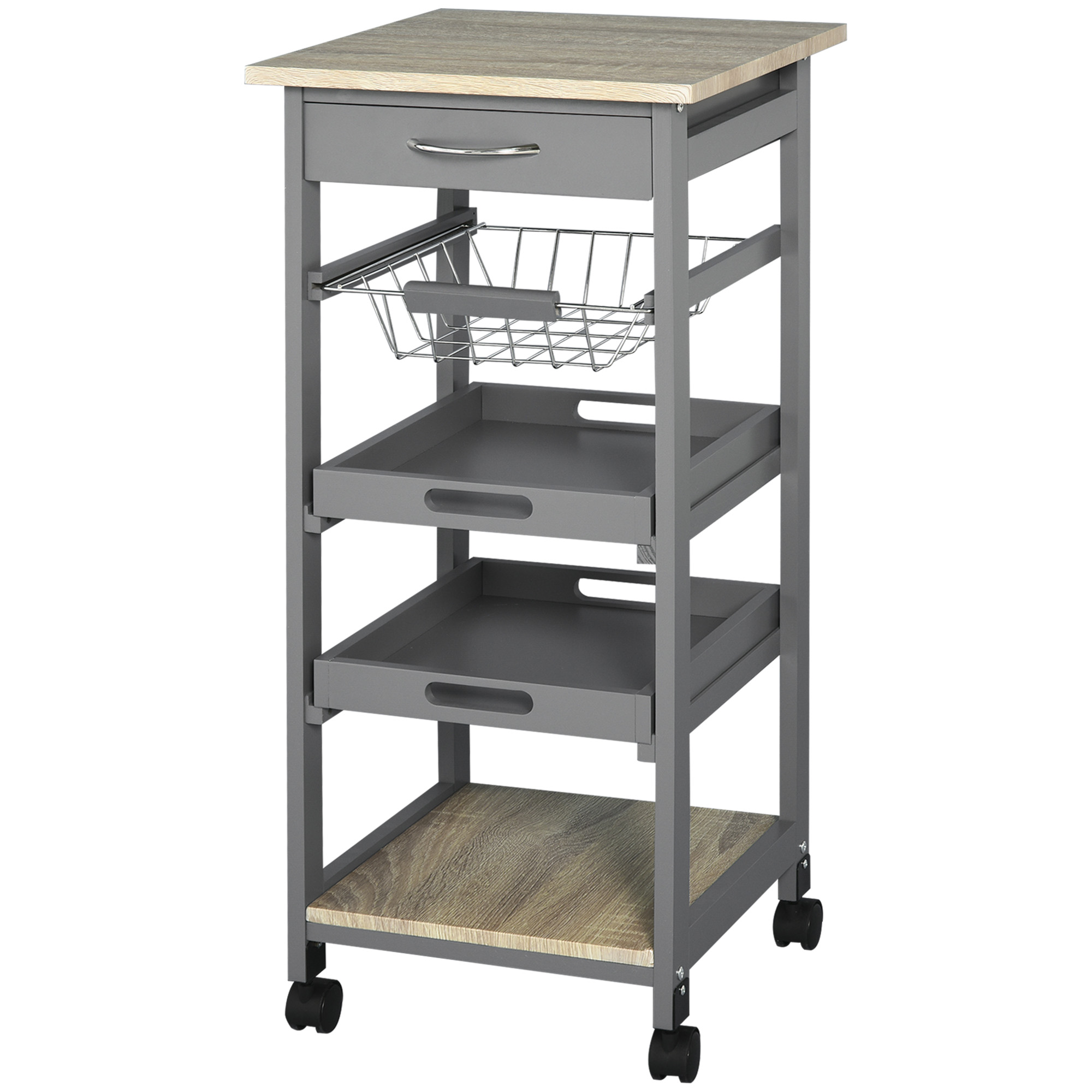 HOMCOM Servierwagen Kücheninsel mit Rollen Korb + 2 herausnehmbare Tabletts, Schublade, Regal aus hellem Eichenholz Pinienholz Grau Aosom