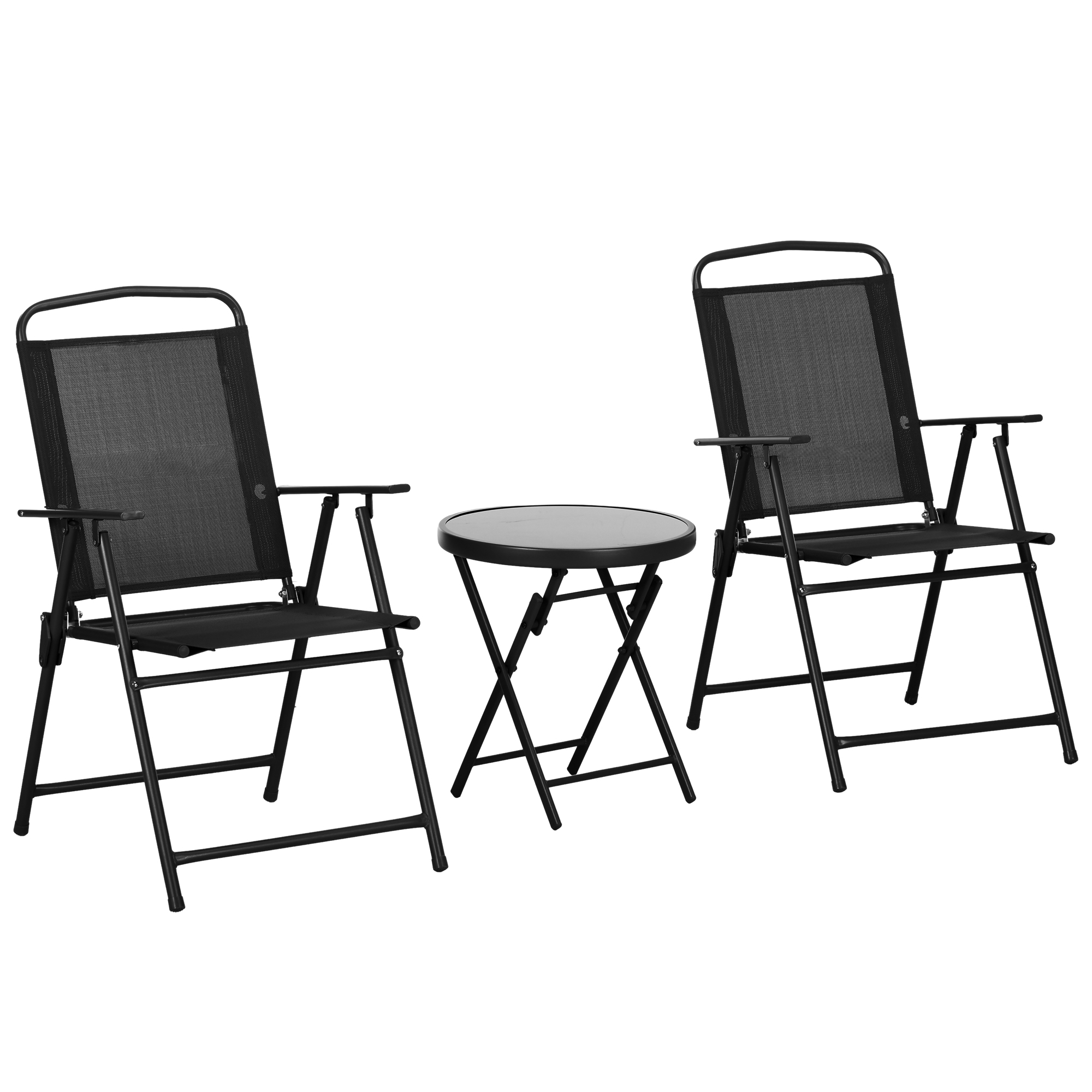 Outsunny Gartenbistro-Set 3-teilig Gartenmöbel-Set 2 klappbare Stühle mit Armlehnen + runder Beistelltisch gehärtetes Glas klappbar Epoxid-Metall atmungsaktives dichtes Netzgewebe   Aosom
