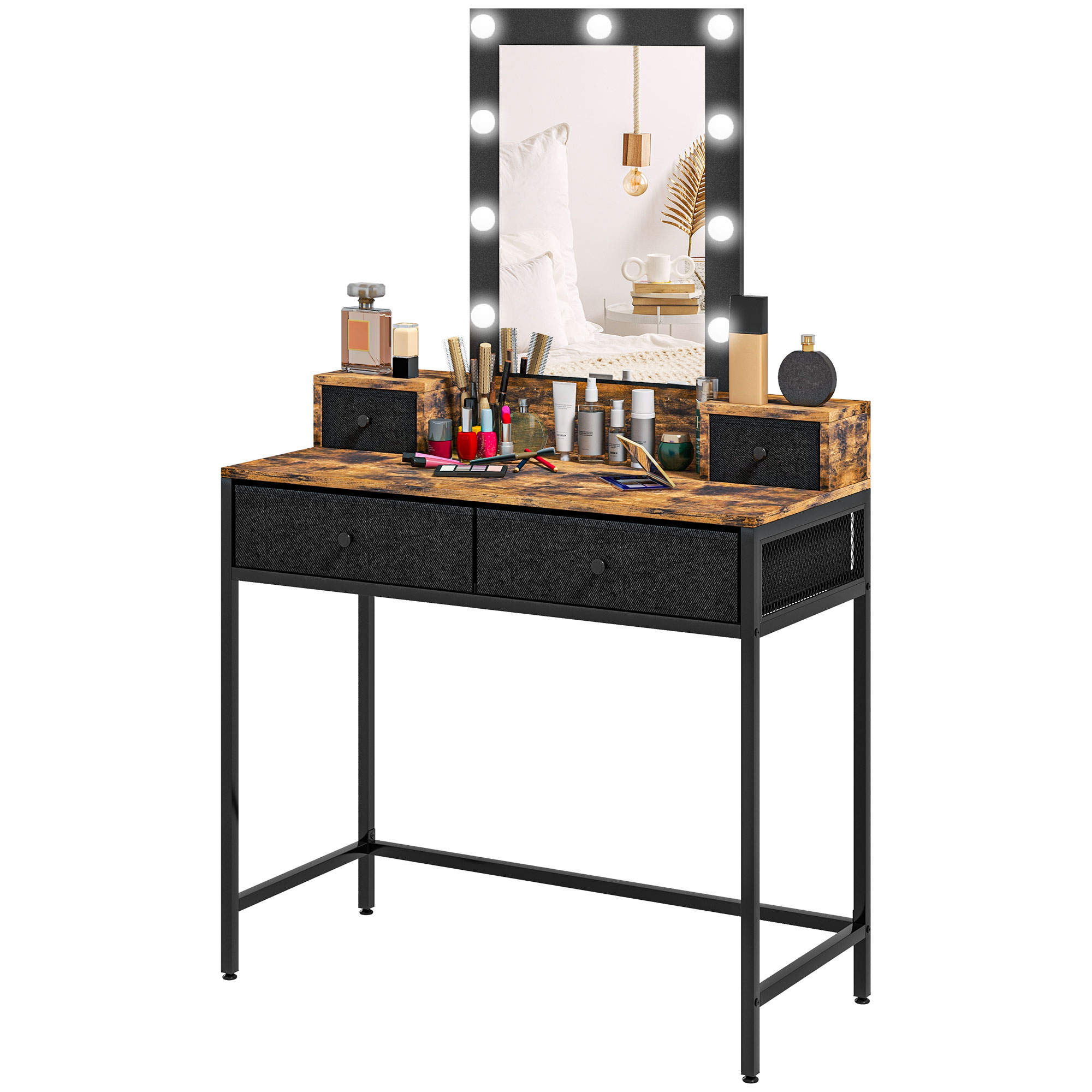 HOMCOM Schminktisch im Industriestil mit integriertem LED-Spiegel - Schwarzmetallfuß - 4 Stoffschubladen - dunkles Holzoptik 90L x 40B x 148H cm Aosom