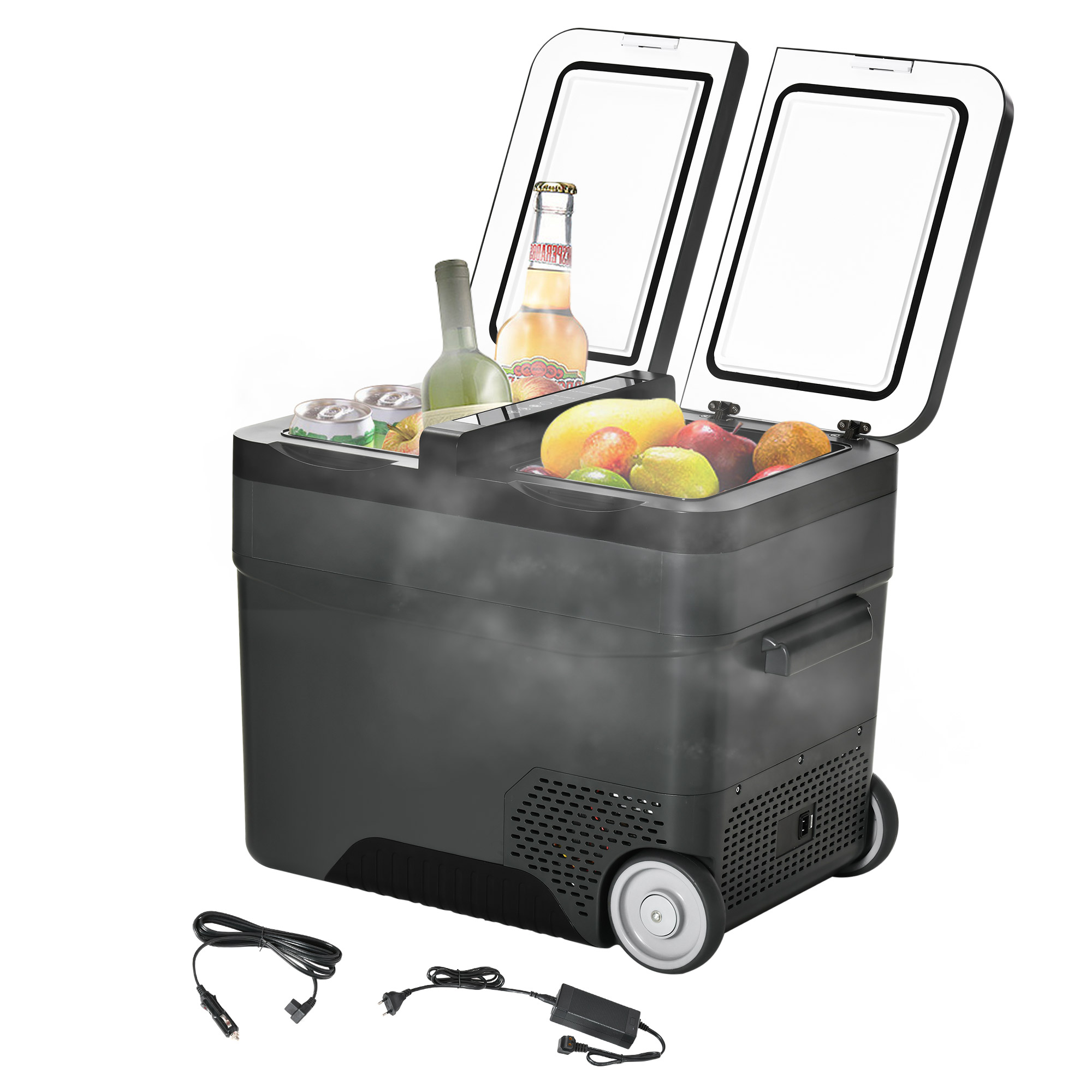 Outsunny Tragbare elektrische Kühltasche mit Gefrierschrank und Kühlschrank mit 2 Zonen - Fassungsvermögen 45 L mit Rädern, ausziehbarem Griff, 12/24 V DC und 110-240 V AC   Aosom