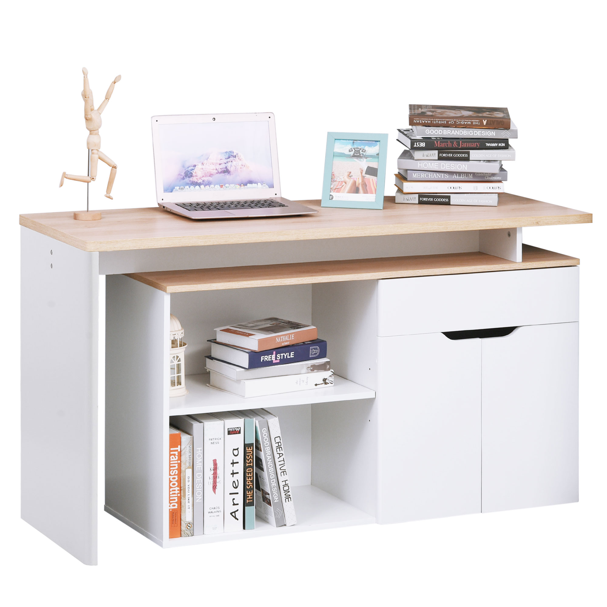HOMCOM Eckschreibtisch Computertisch Multimedia Modularer Schreibtisch mit Viel Stauraum Doppeltes Fach + Schublade und Schrank in Hellbraun Weiß Aosom