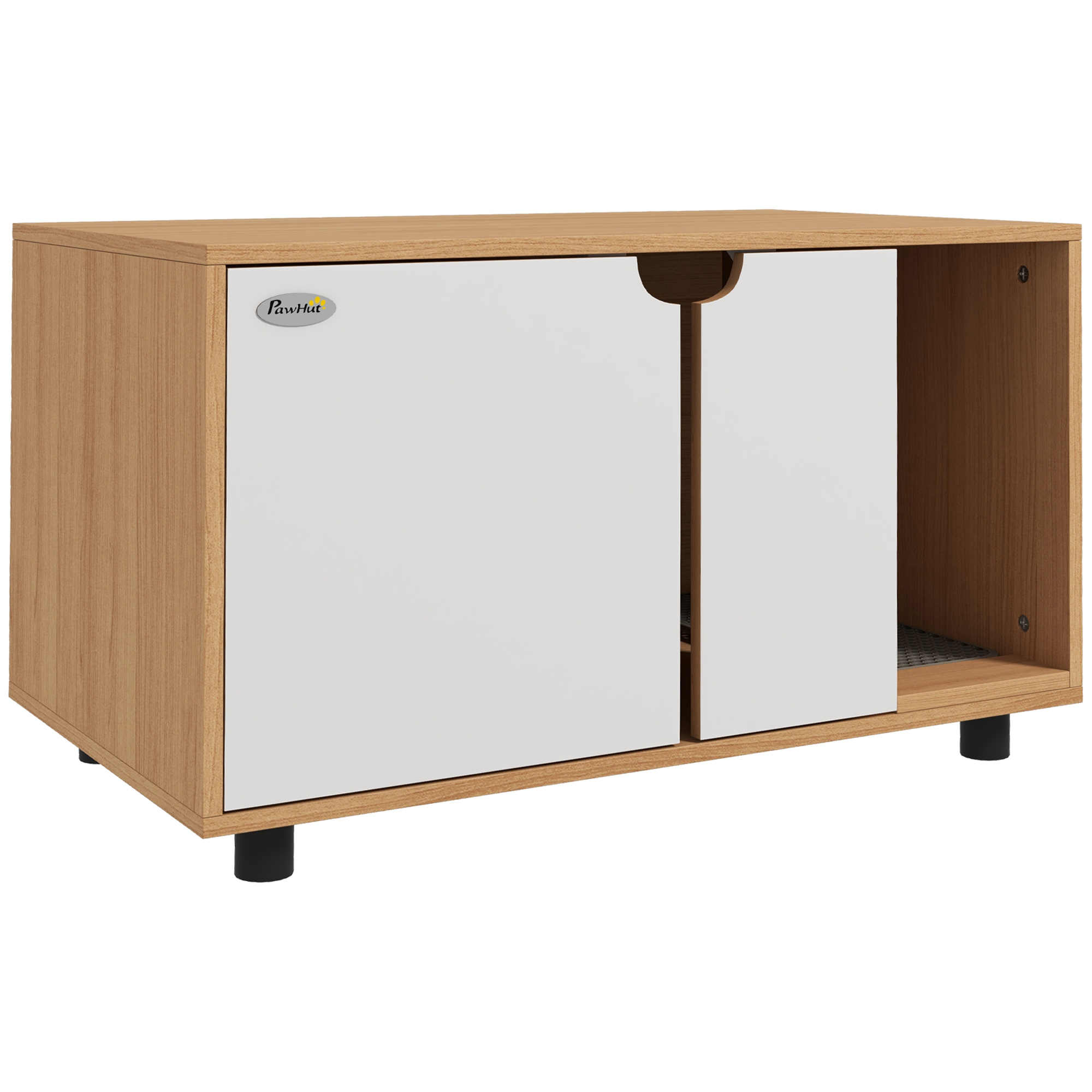 PawHut Katzentoilette, Katzentoilettenversteck, Türen, skandinavischer Stil, Beistelltisch für Haustiere, 2 Belüftungsöffnungen, Sandablaufmatte, Natur und Weiß   Aosom