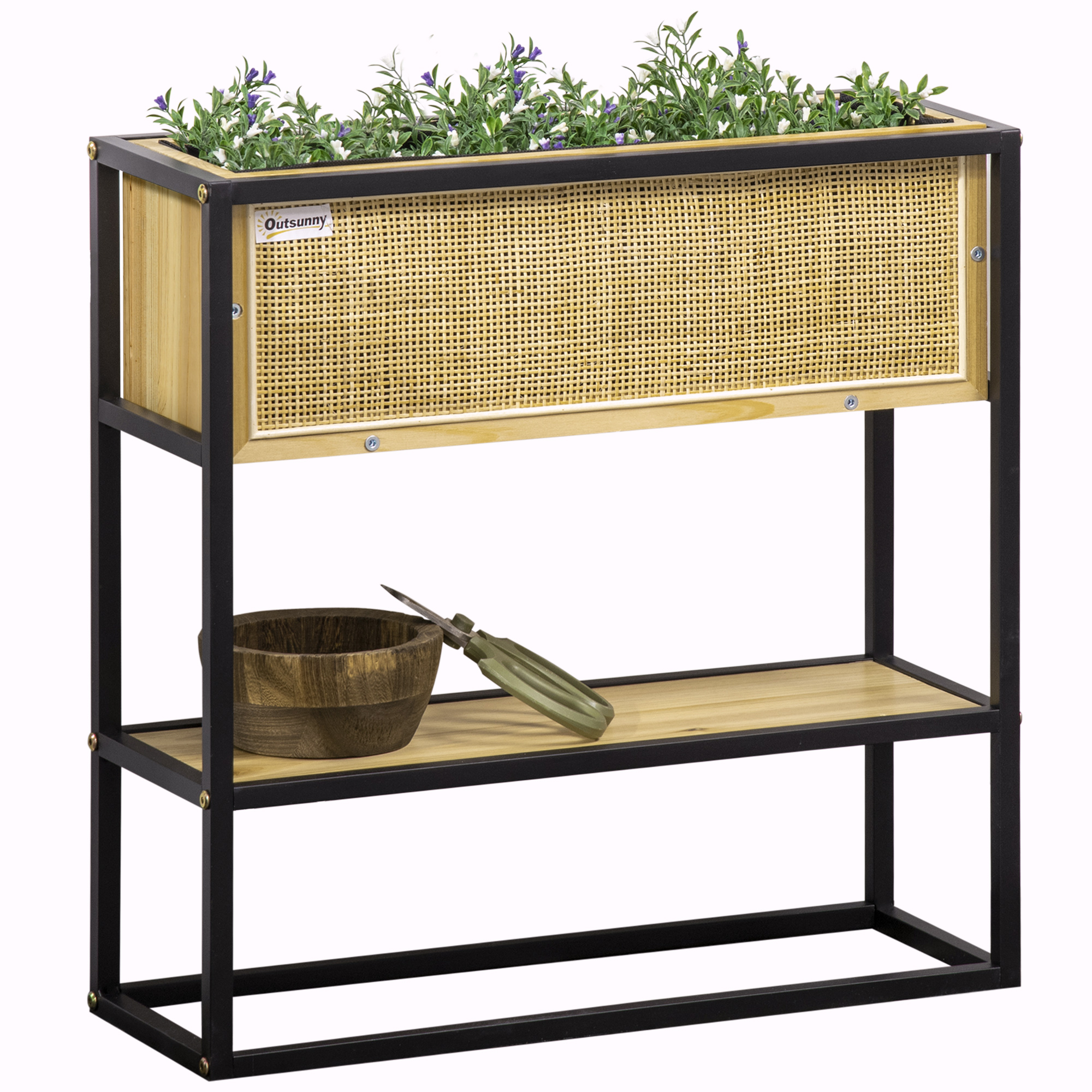 Outsunny Rechteckiger Pflanzkasten auf Stecktafeln mit unterem Regal - Quadratisches Hochbeet im Freien - Metall und Holz - 55 x 20 x 56 cm   Aosom