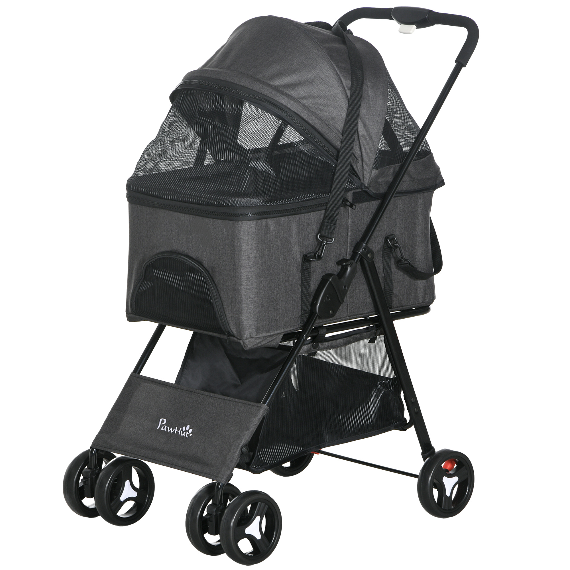 PawHut Hundekinderwagen 3-in-1, klappbarer Buggy für Haustiere, 4 Räder, Transportkorb mit abnehmbarem Griff, Kissen, verstellbares Verdeck, Oxford-Gewebe, Grau   Aosom