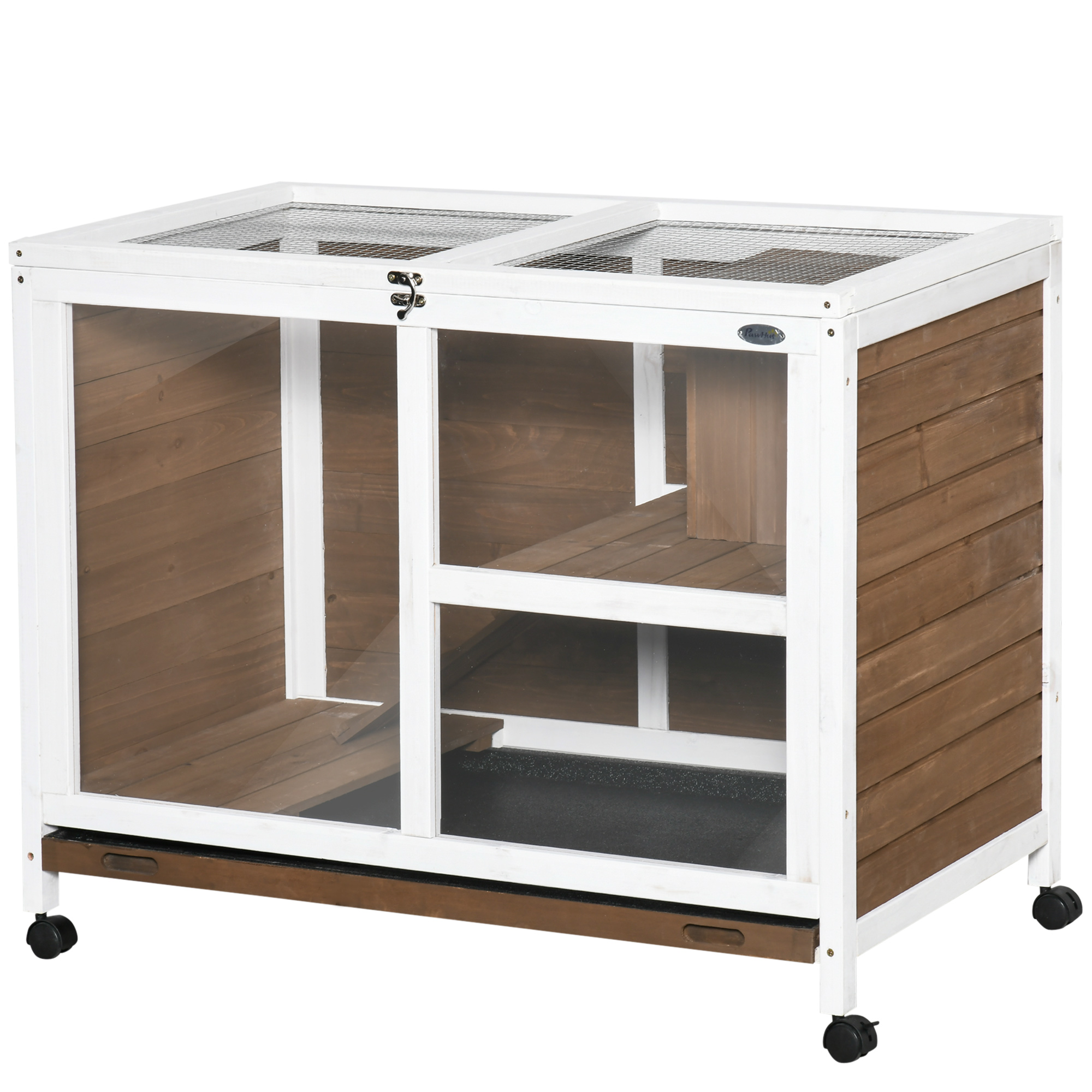 PawHut Kaninchenkäfig Kaninchenstall auf Rollen Kleintiergehege aus Massivholz 2 Etagen aufklappbares Dach Plattformen 91,5 x 53,3 x 73 cm braun Aosom