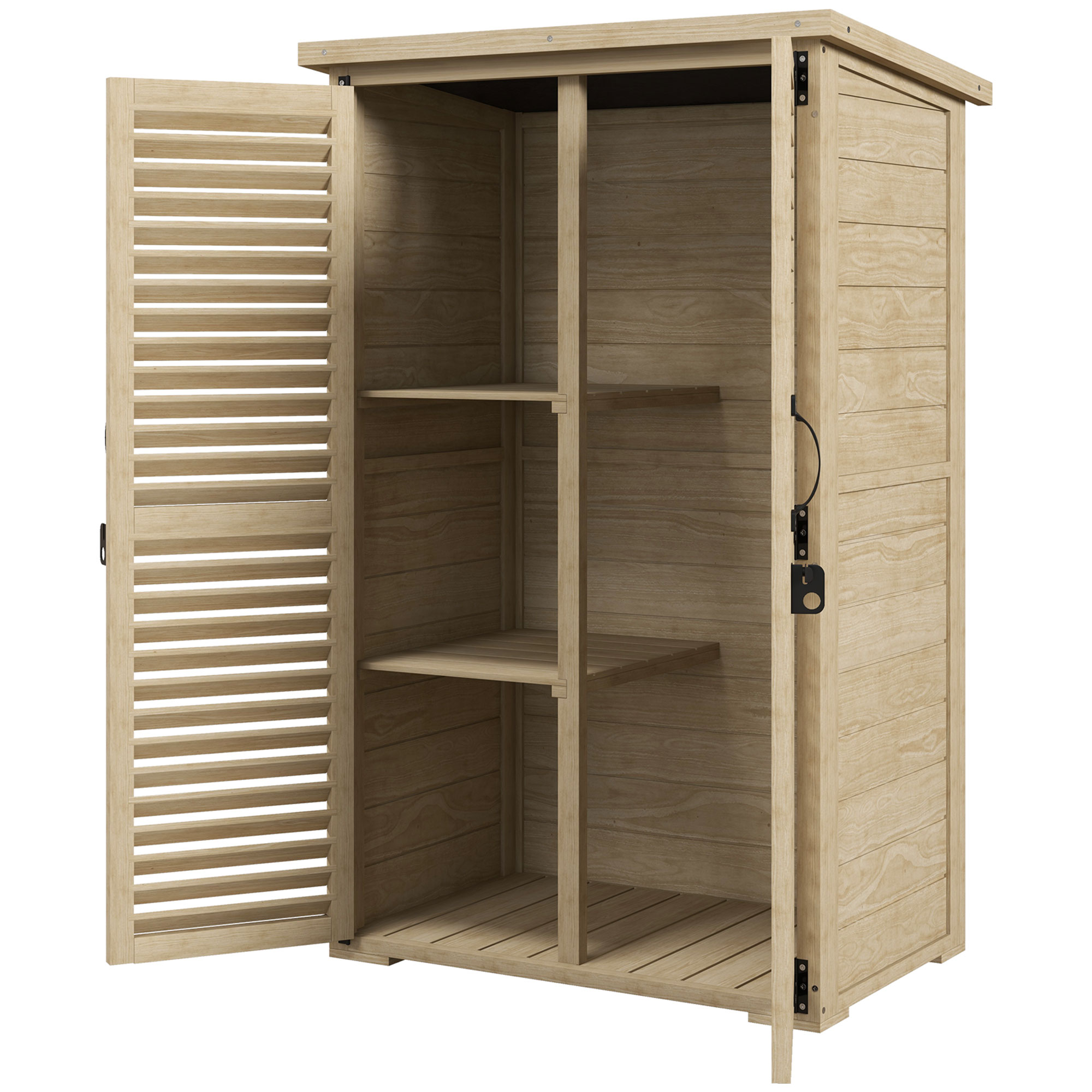 Outsunny Gartenschrank Geräteschuppen aus Holz 2 Regale Bitumendach Lamellentüren abschließbar 75 x 50 x 118 Natur   Aosom