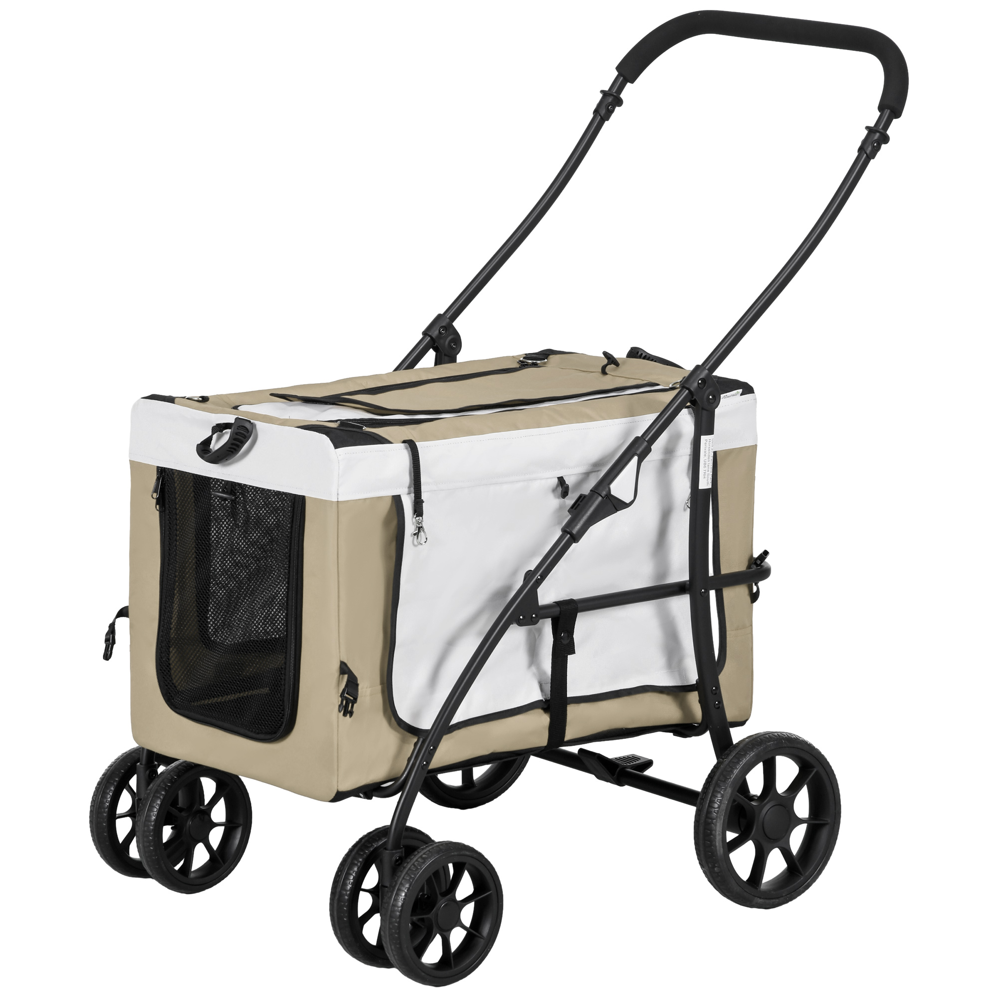 PawHut Faltbarer Haustier-Buggy für Hunde Katzen, abnehmbare Tragetasche, Schultergurte, 4 Räder mit Bremsen, 600D Oxford 81 x 58 x 97,5 cm Khaki   Aosom