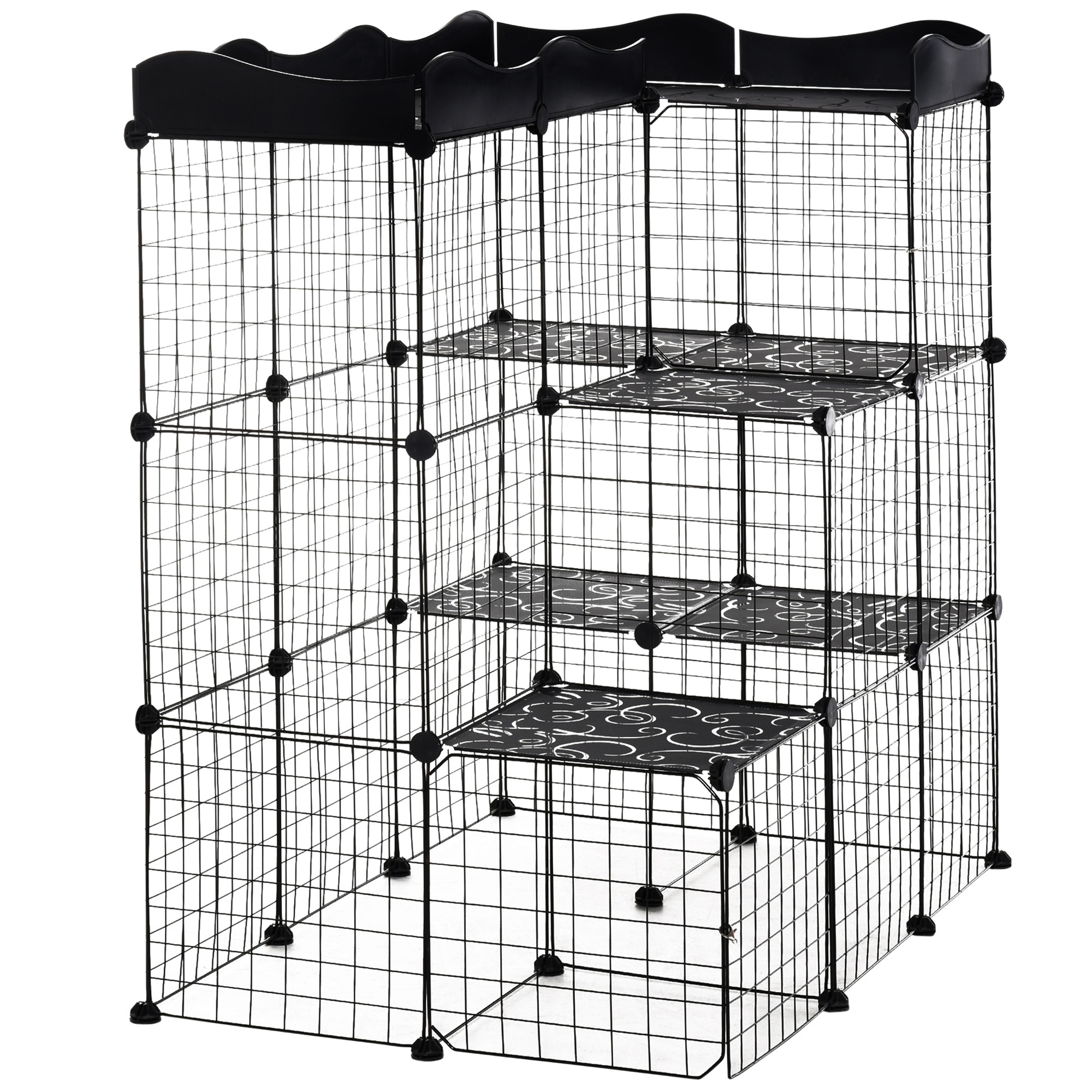 PawHut Käfig Tierpark Gehege für kleine Haustiere Katz Kaninchen modular 3 Ebenen 2 Türen Rampe Drahtgitter 105 x 70 x 116 cm schwarz   Aosom