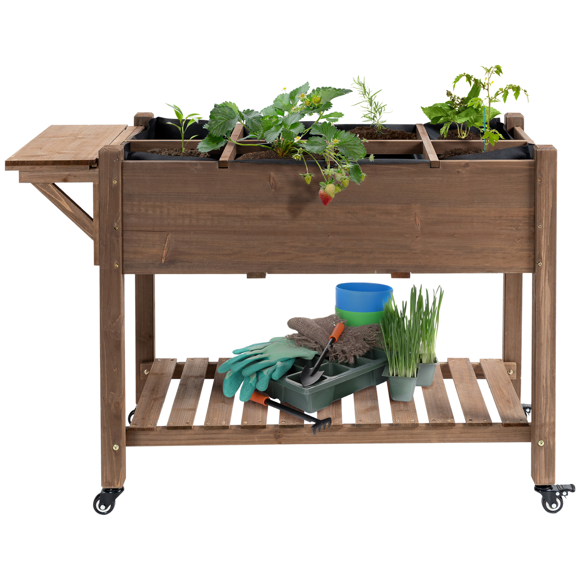 Outsunny Hochbeet auf Standfuß - Gemüsegarten auf Rollen - Regal, Klappbarer Tisch, Bewässerungseinsätze, Entwässerungsvlies Inklusive - Vorbehandeltes Tannenholz   Aosom
