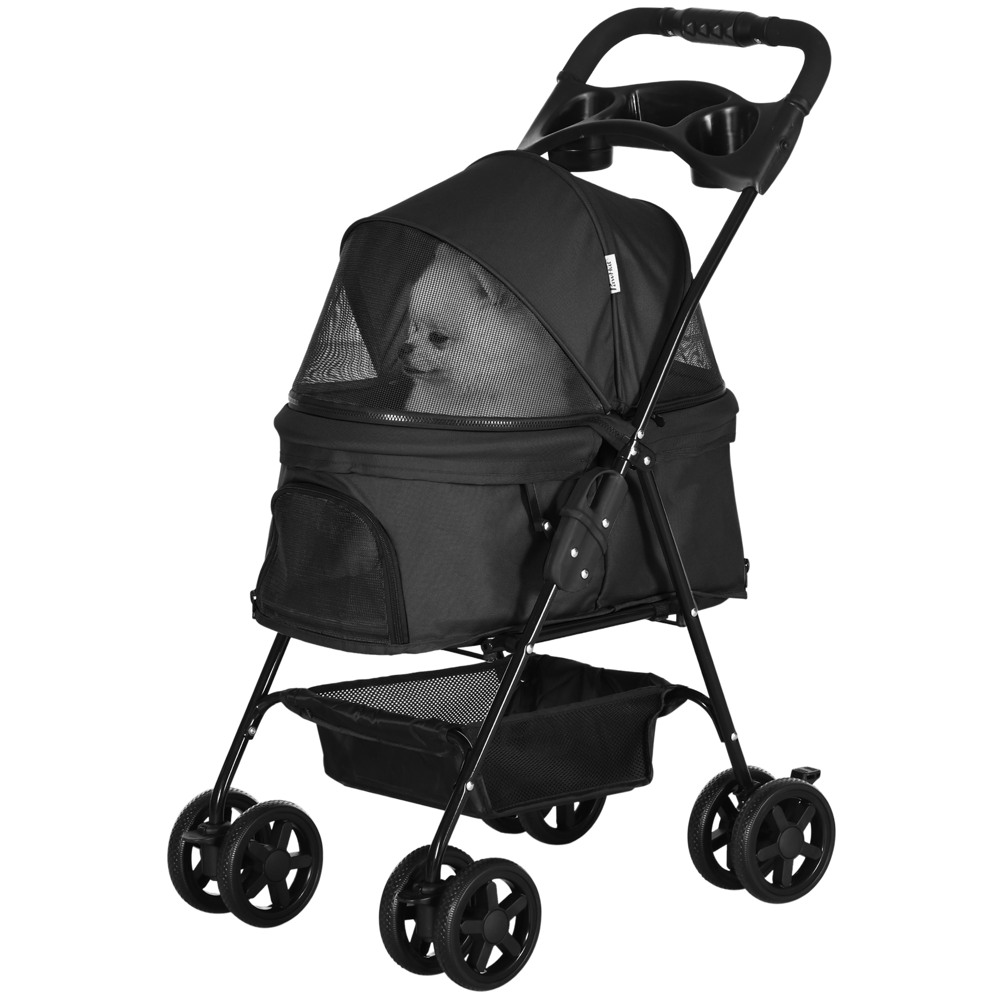 PawHut Faltbarer Hundekinderwagen Buggy für Katzen mit Aufbewahrungskorb, Getränkehalter, 300D Oxford Gewebe wasserdicht, 4 Räder Schwarz   Aosom