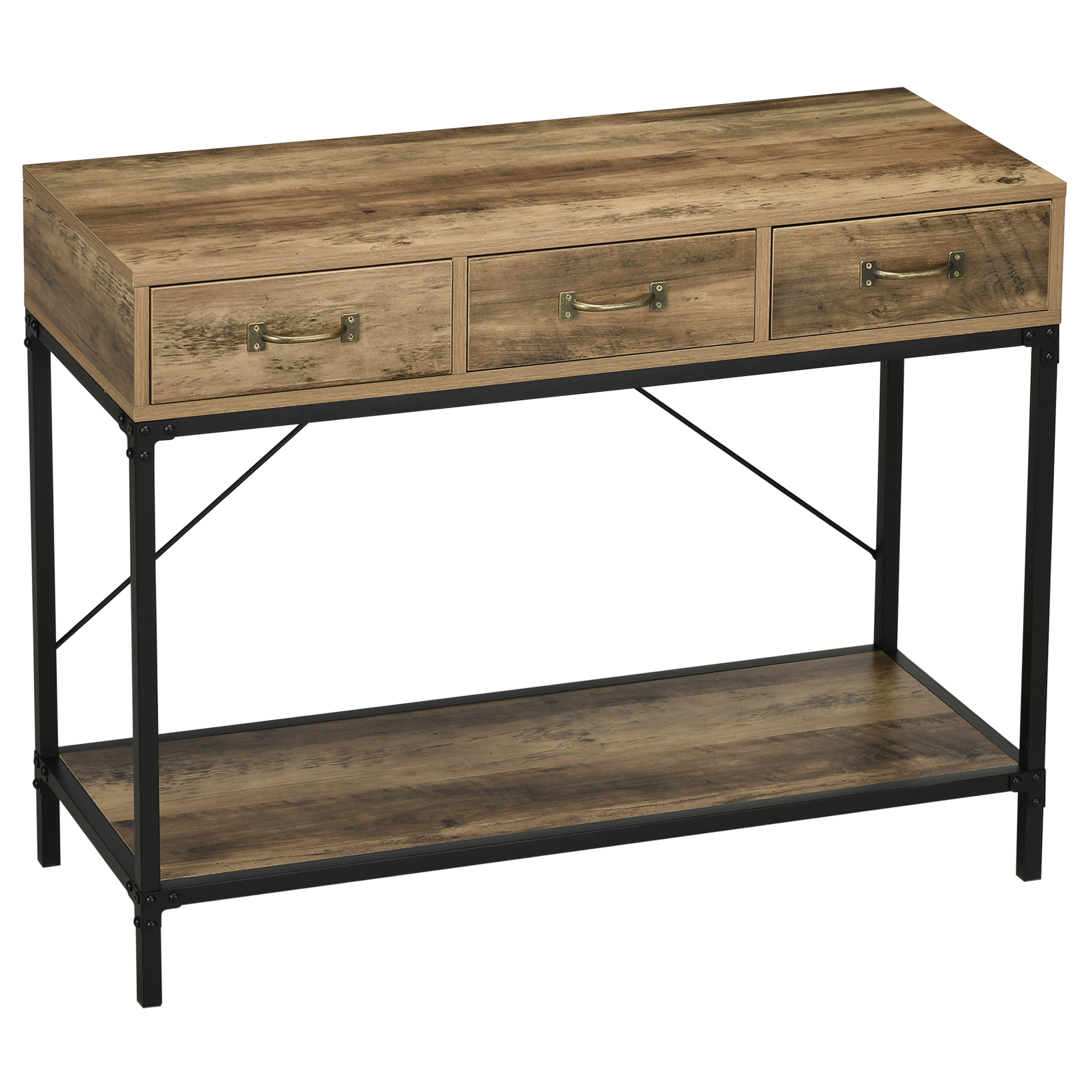 HOMCOM Konsolentisch, Eingangstisch, Couchtisch, Rahmen aus Kohlenstoffstahl, einfacher Aufbau, mit 3 Schubladen und 1 Tischplatte mit Holzoptik, industrielles Design, 100 x 35 x 76,5 cm, Hellbraun Aosom