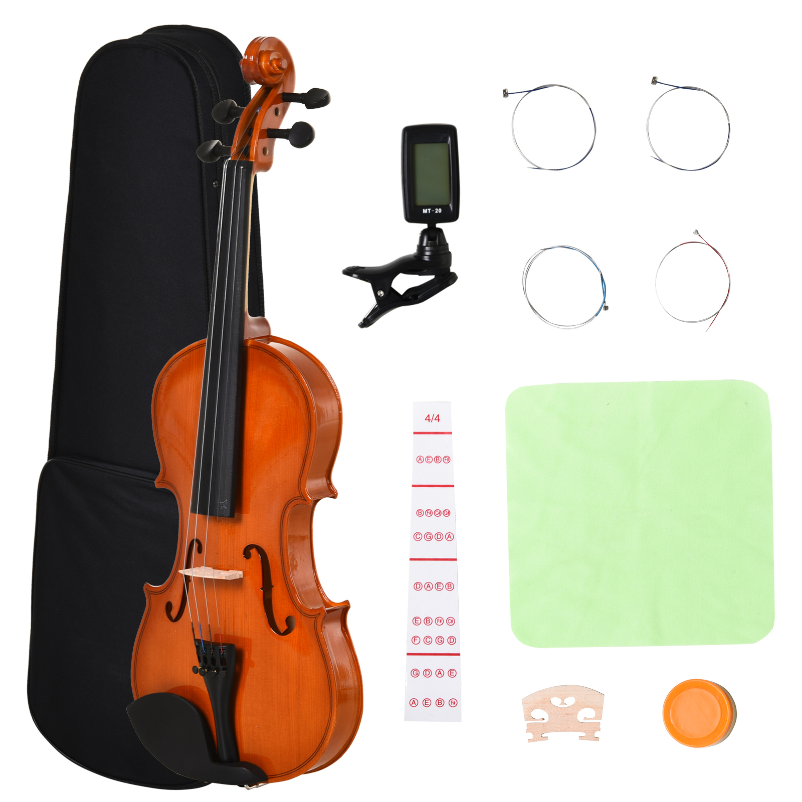 HOMCOM Violine 4/4 Fullsize mit Etui, Stimmgerät, Schulterstütze, Bogen, Kolophonium, Ersatzsaiten und Tuch aus Fichten-Sperrholz und Ahorn Aosom
