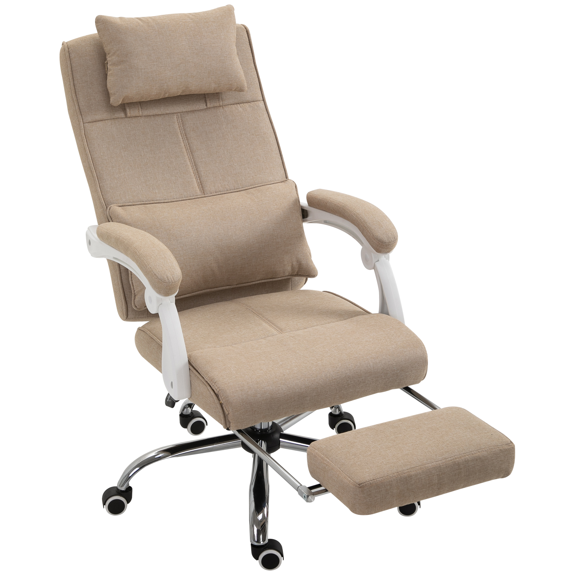 HOMCOM Bürostuhl, ergonomischer Bürostuhl mit klappbarem Fußstütze, neigbarer Rückenlehne, Kopfkissen und Lendenstütze, höhenverstellbar, aus Leinenstoff in Beige   Aosom