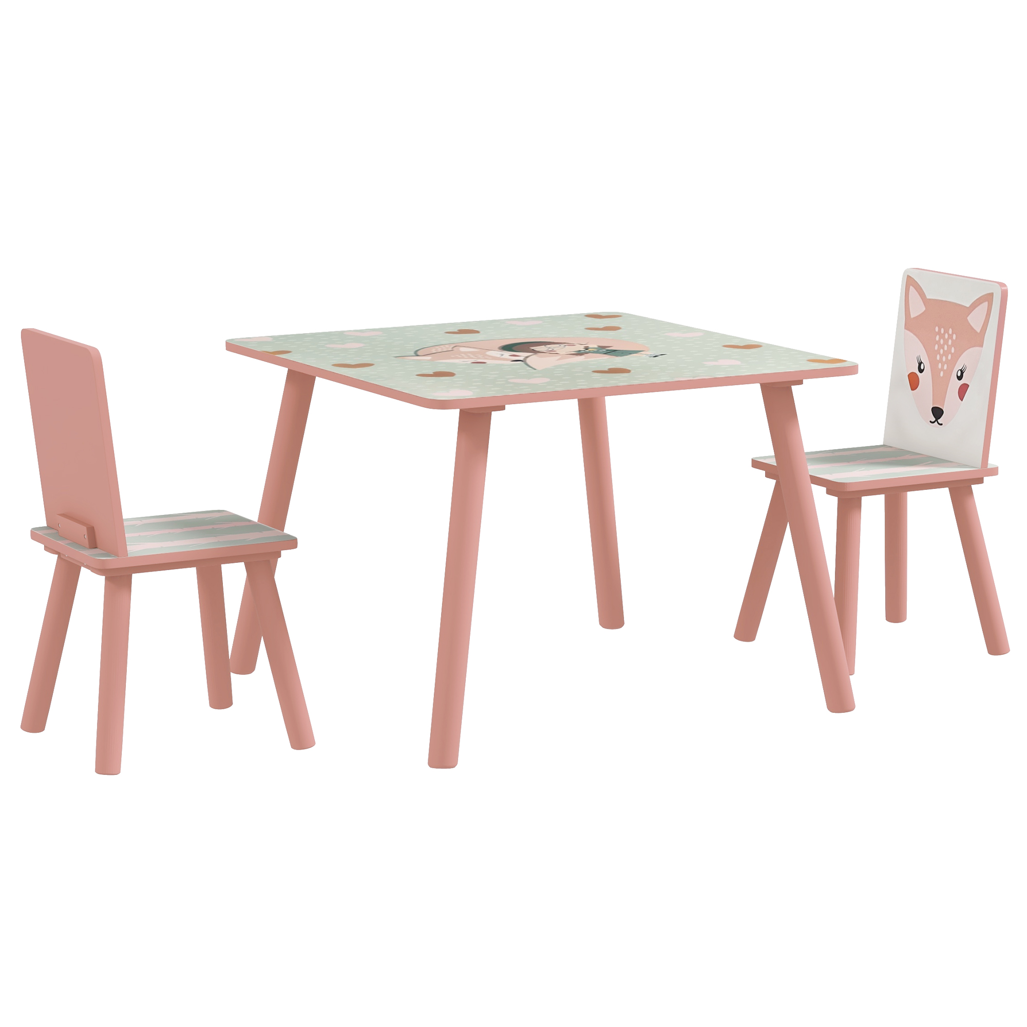 ZONEKIZ Kindertisch und Stuhlset, Kindertisch mit 2 Stühlen, Tiermuster für Kinderzimmer, Spielzimmer, Kiefernholzbeine rosa   Aosom