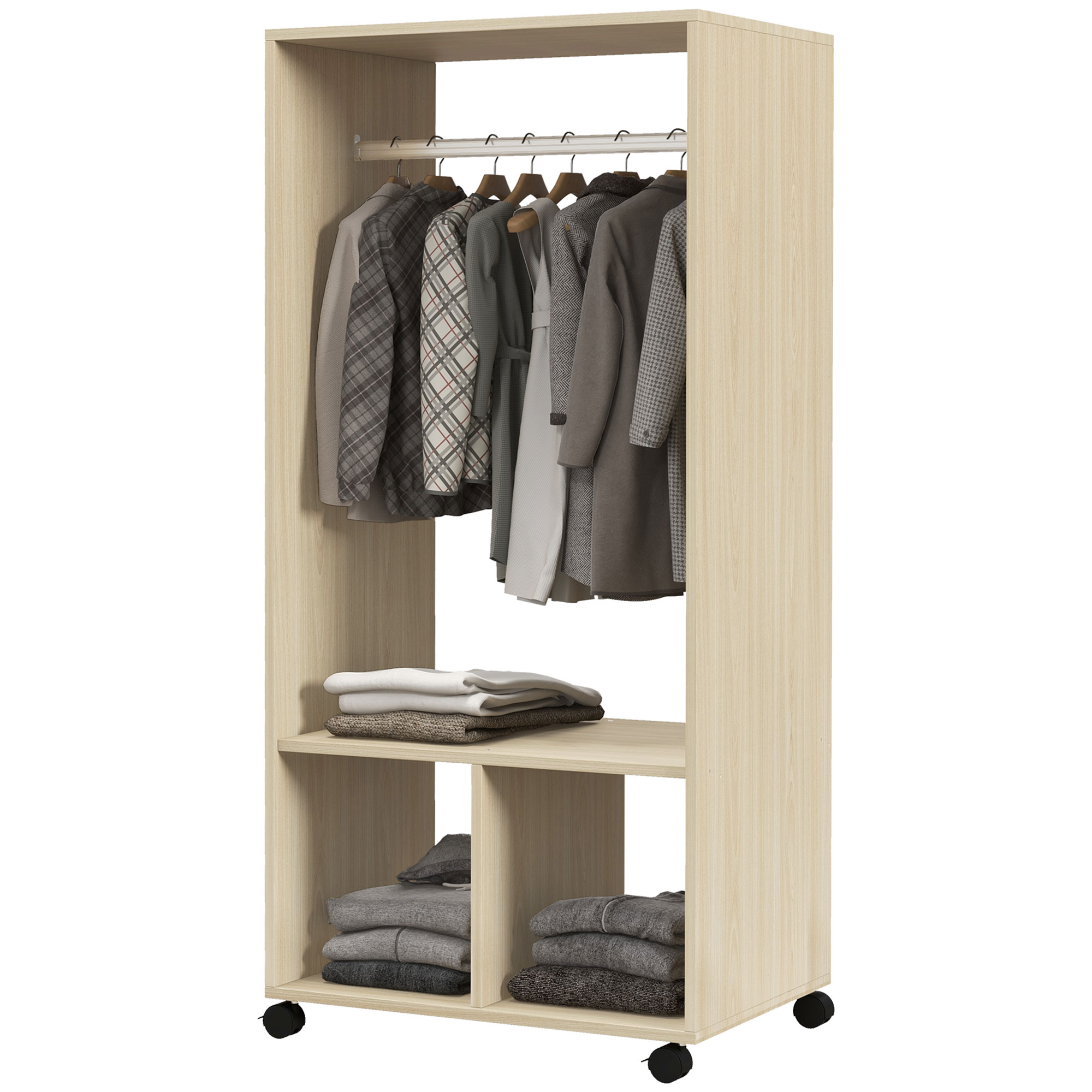 HOMCOM Schrank mit Regal 2 Fächer Kleiderstange 4 schwenkbare Rollen Maße 60L x 40B x 128H cm Naturholz Aosom