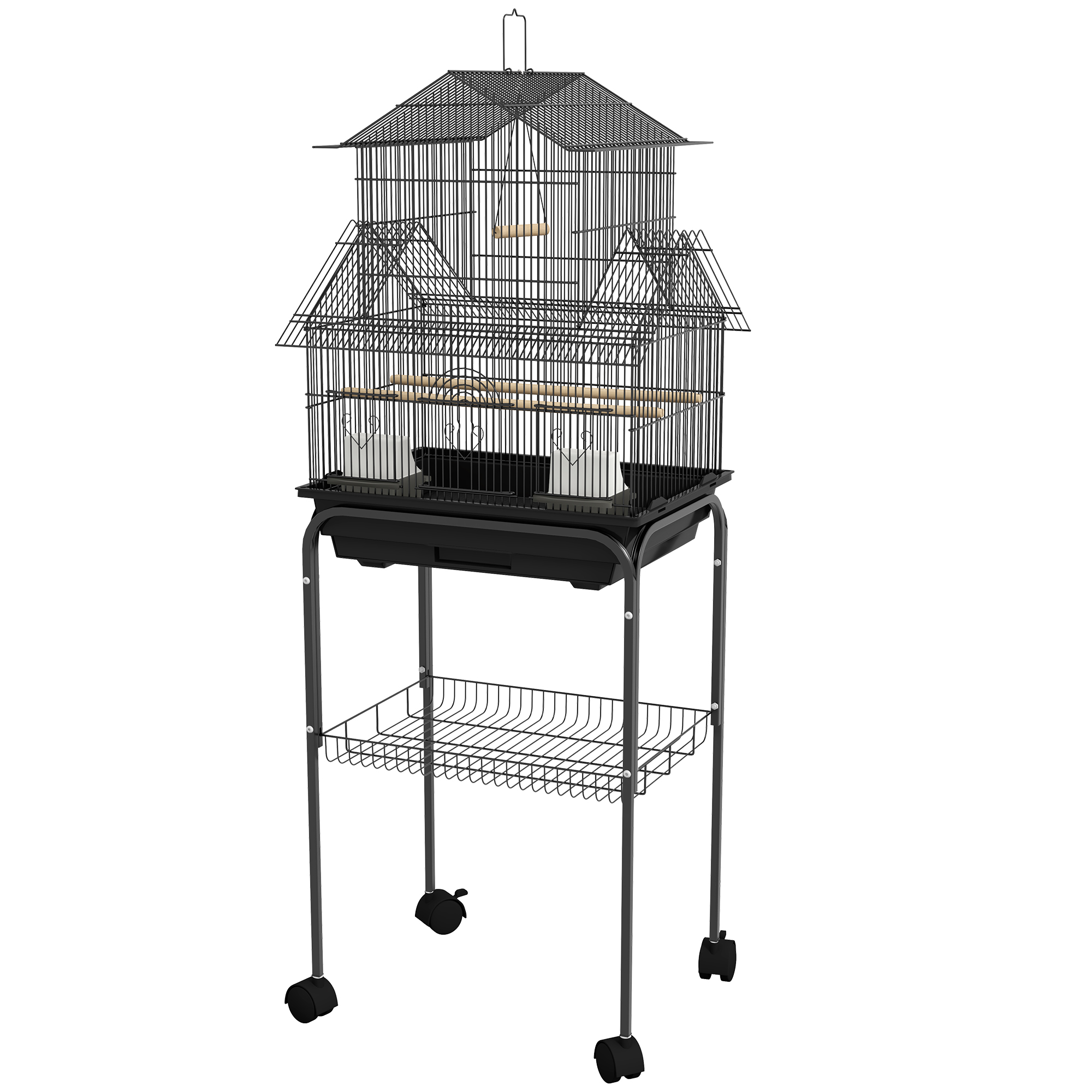 PawHut Vogelkäfig Design-Haus Futternäpfe Sitzstangen 3 Türen Kotboden abnehmbar + Griff zum Transport 50,5 x 41 x 121 cm schwarz   Aosom